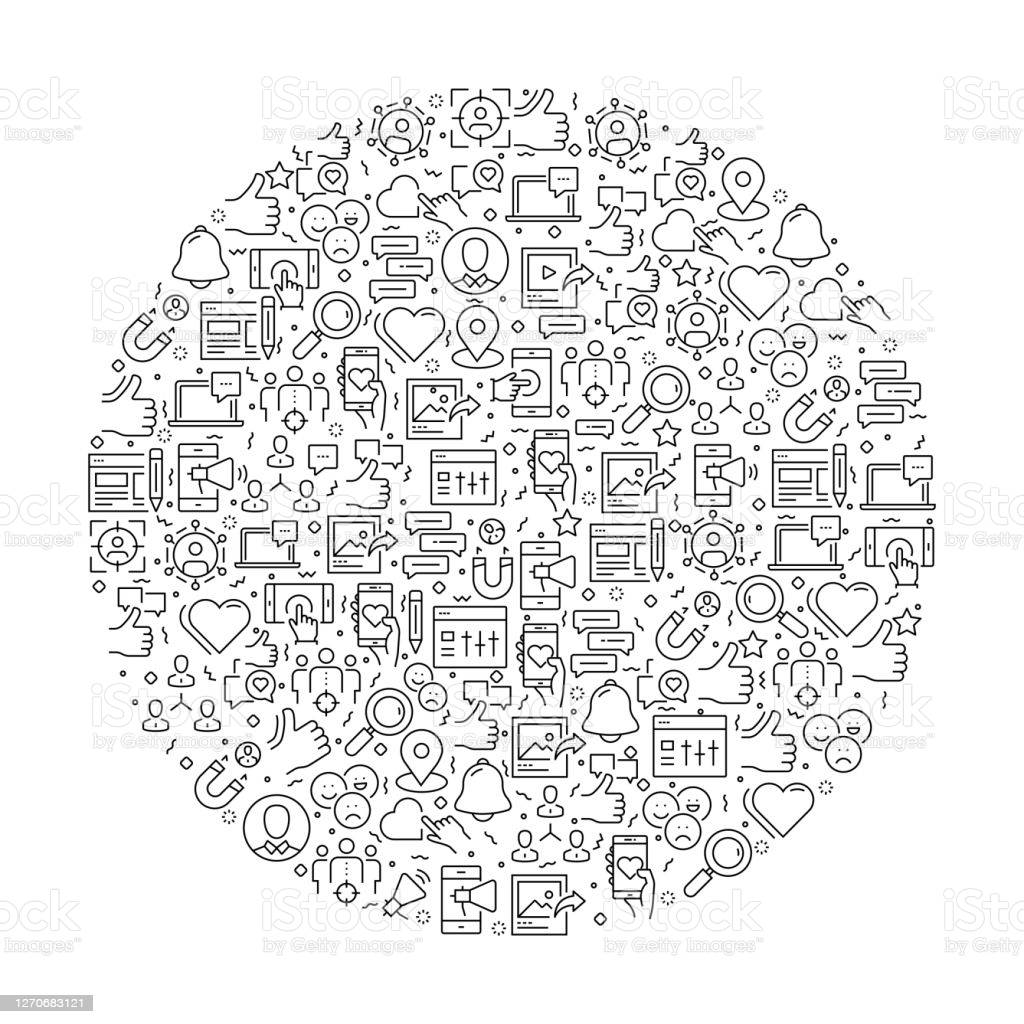 黑白 桌布 壁紙 — 白色背景上以極簡線條藝術呈現的社交媒體和數位互動圖示的圓形排列。