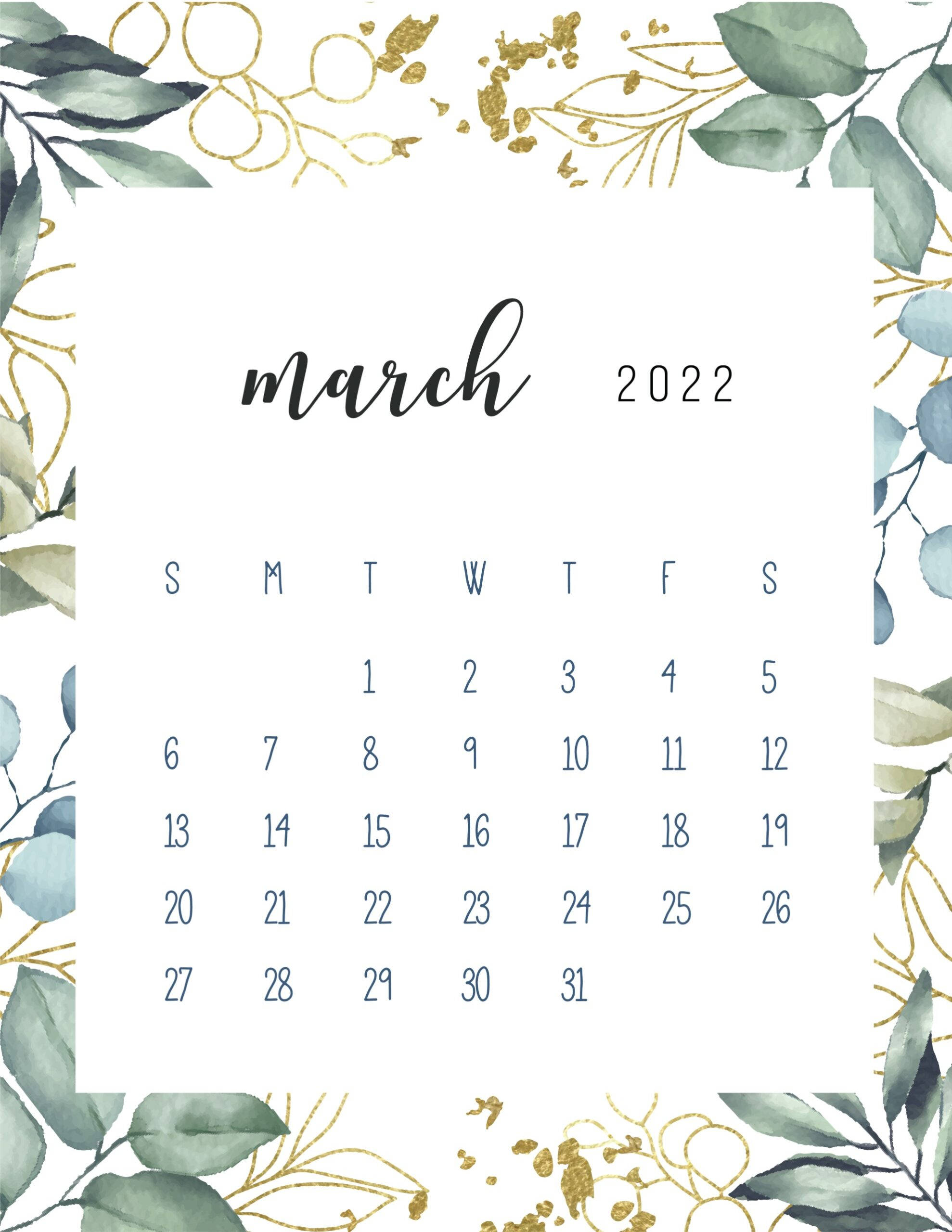 March 桌布 壁紙 — 白色背景上以水彩桉樹葉和金箔點綴的優雅2022年3月日曆。