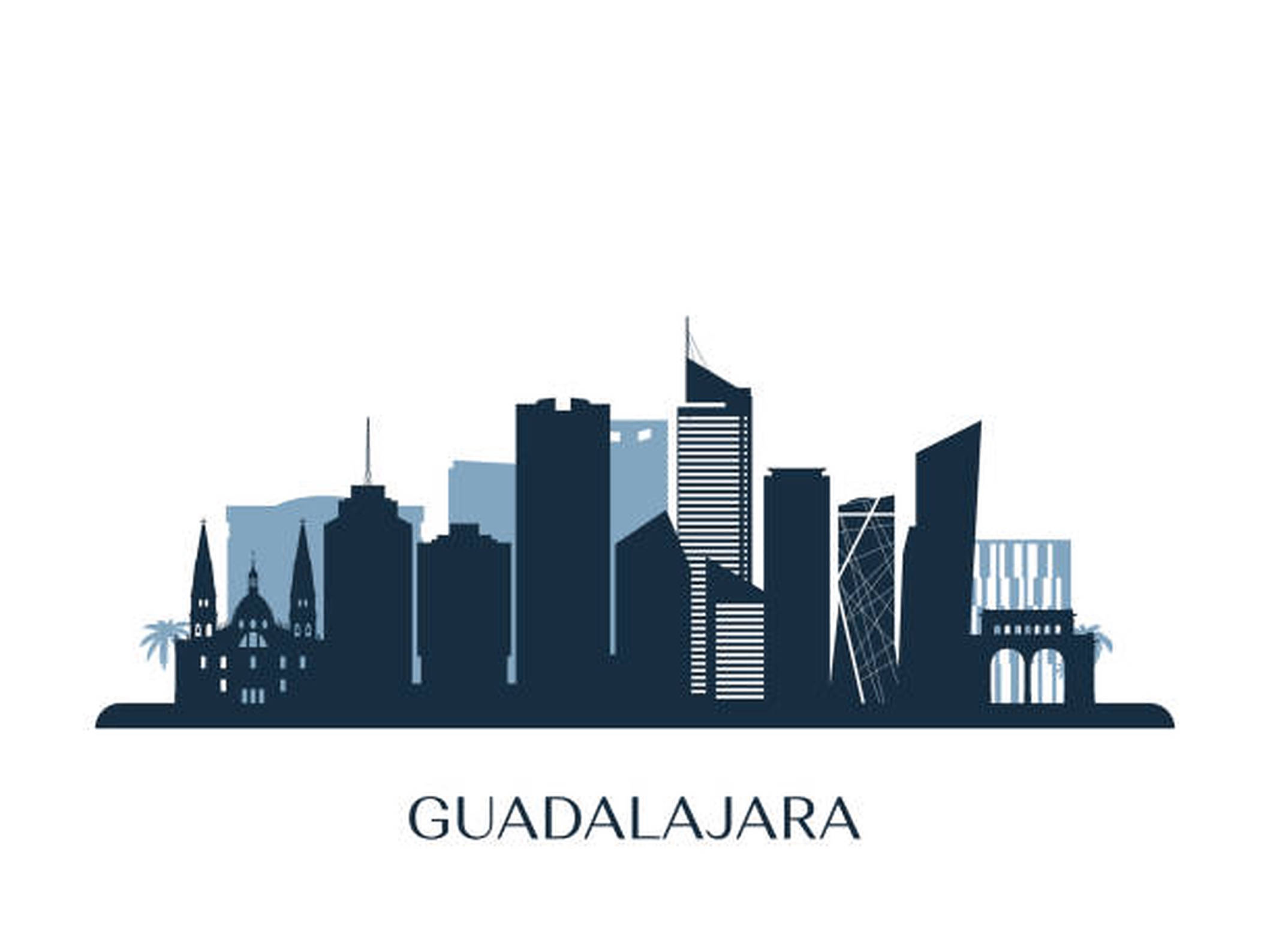 Guadalajara 桌布 壁紙 — 白色背景上以海軍藍呈現的瓜達拉哈拉天際線剪影，包含現代摩天大樓和歷史建築。