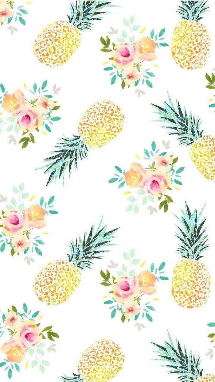 Pineapple iPhone 桌布 壁紙 — 白色背景上充滿活力的水彩鳳梨和花卉圖案，帶有柔和粉彩色調。