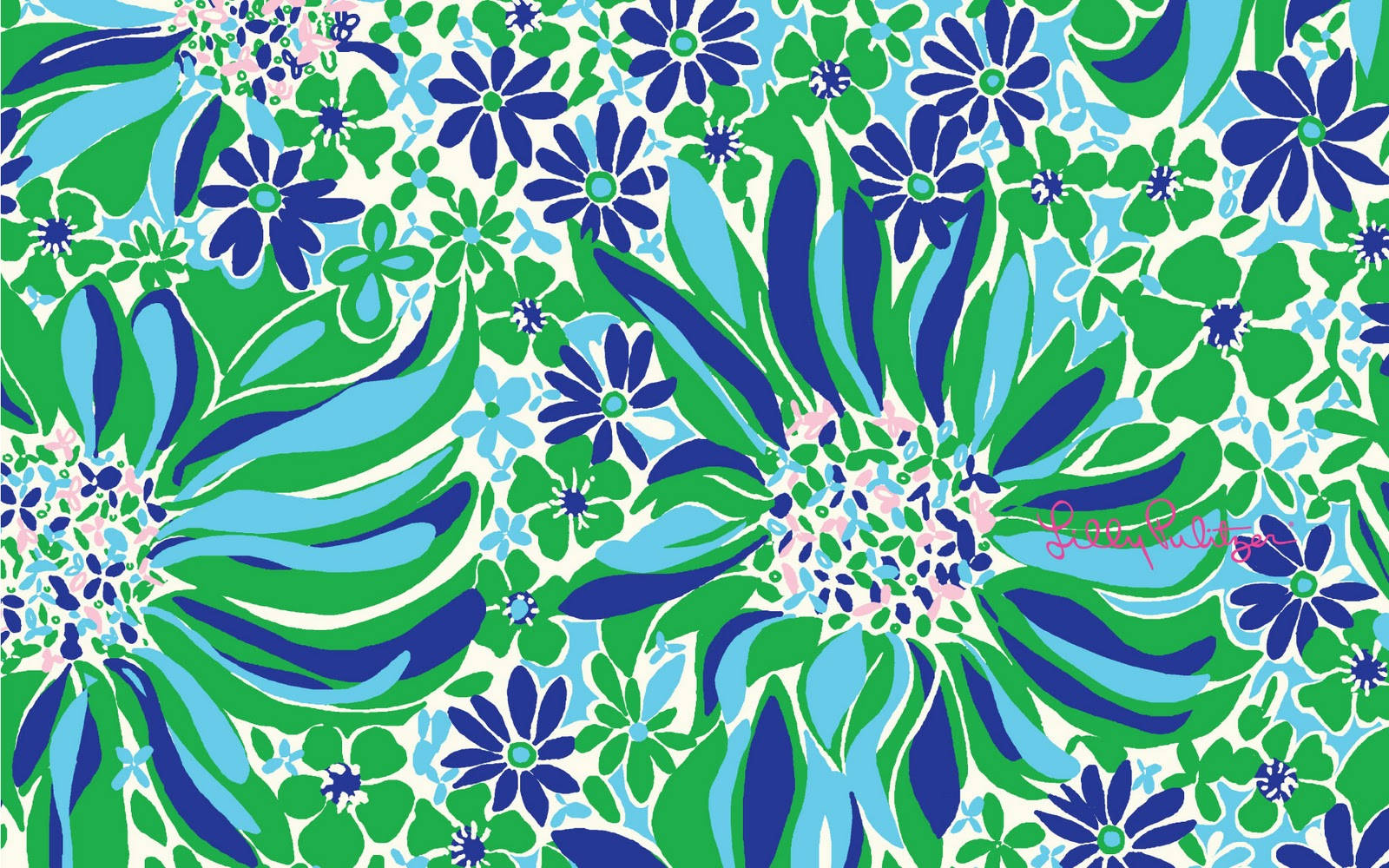 圖案 桌布 壁紙 — 白色背景上充滿活力的藍色和綠色花卉圖案，帶有鮮明風格化的花朵和葉子。