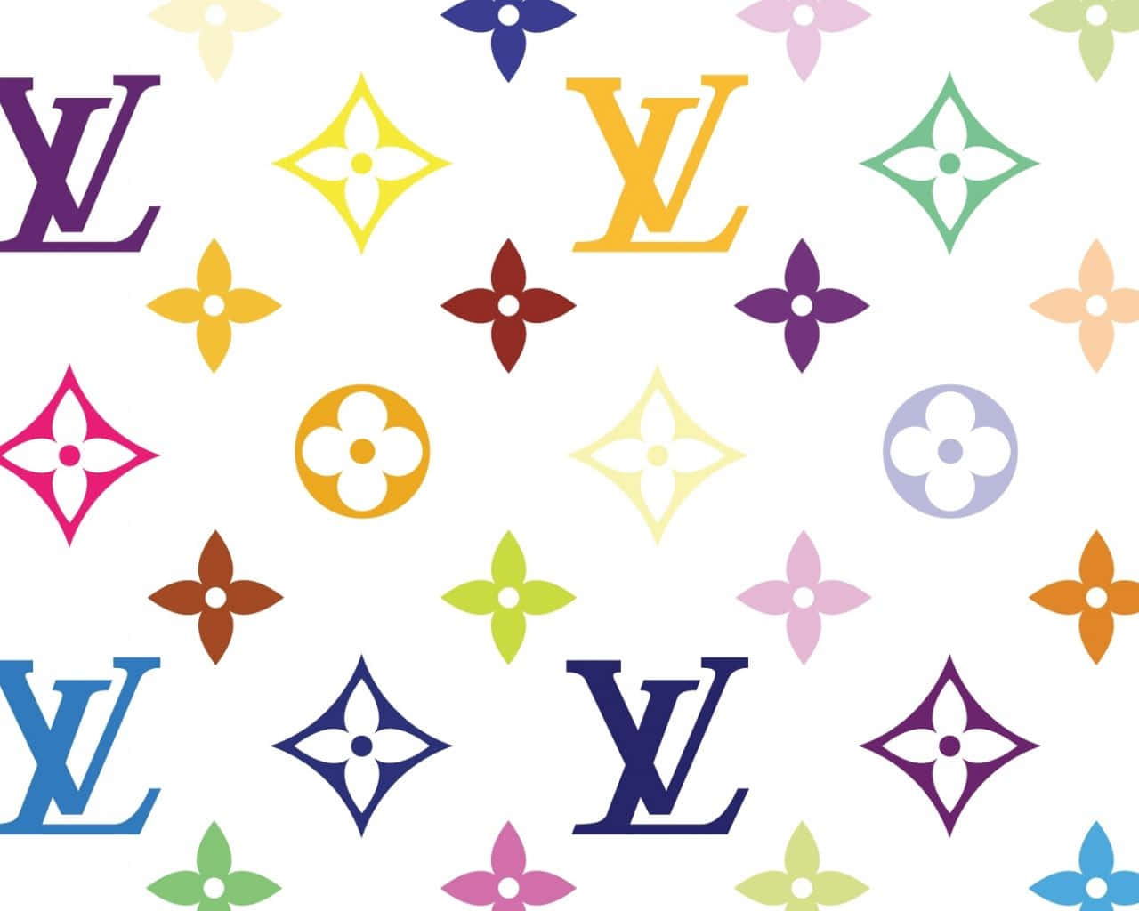 Louis Vuitton Pattern 桌布 壁紙 — 白色背景上充滿活力的重複圖案，包含多色路易威登字母組合標誌和花卉圖案。