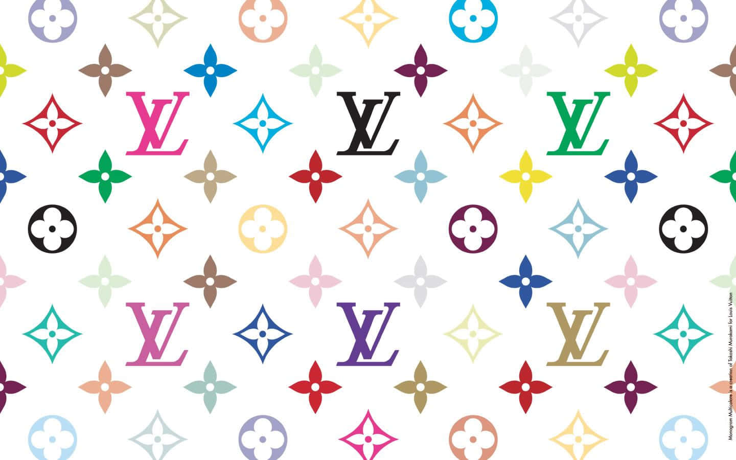 標誌 桌布 壁紙 — 白色背景上充滿活力的重複圖案，包含多色 Louis Vuitton 字母組合標誌和花卉圖案。