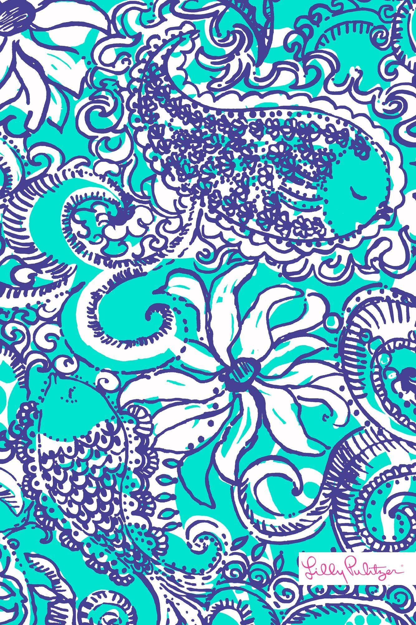 lilly 桌布 壁紙 — 白色背景上充滿活力的青綠色和紫色佩斯利花卉圖案，帶有複雜的漩渦和圓點。