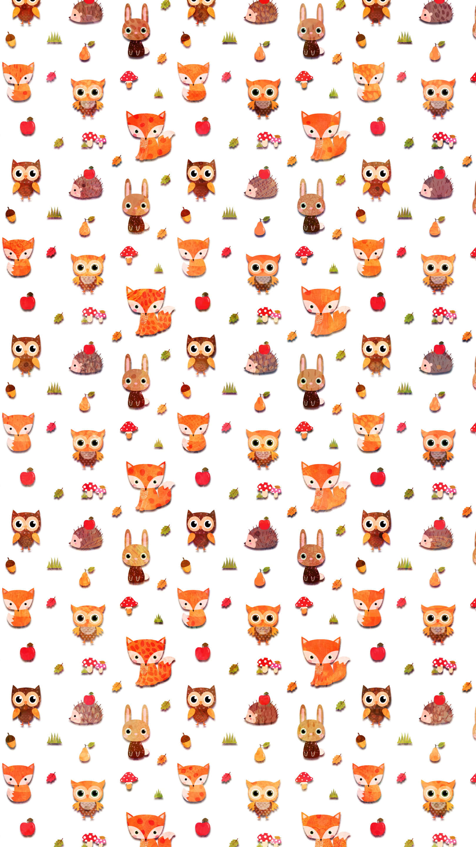 Kawaii Fox 桌布 壁紙 — 白色背景上可愛的秋季森林動物和水果的重複圖案。
