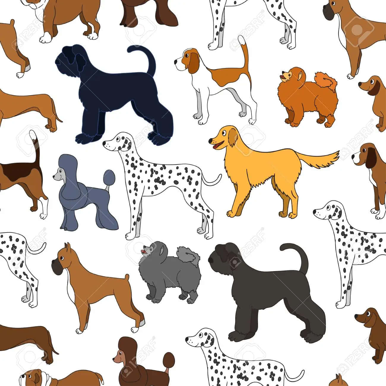 Cute Cartoon Dog 桌布 壁紙 — 白色背景上各種卡通風格狗品種的無縫圖案。