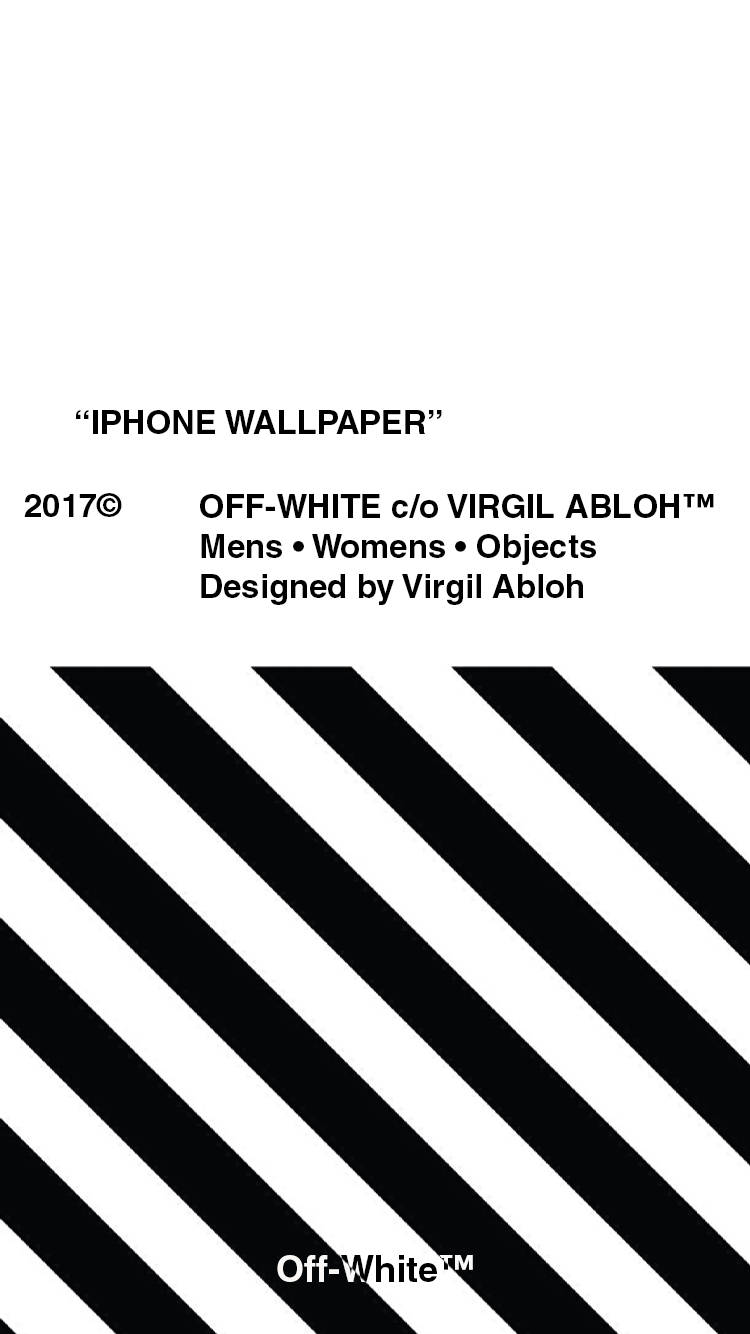 off white 桌布 壁紙 — 白色背景上大膽的黑色對角線條紋，帶有 Off-White c/o Virgil Abloh 的極簡文字品牌標識。