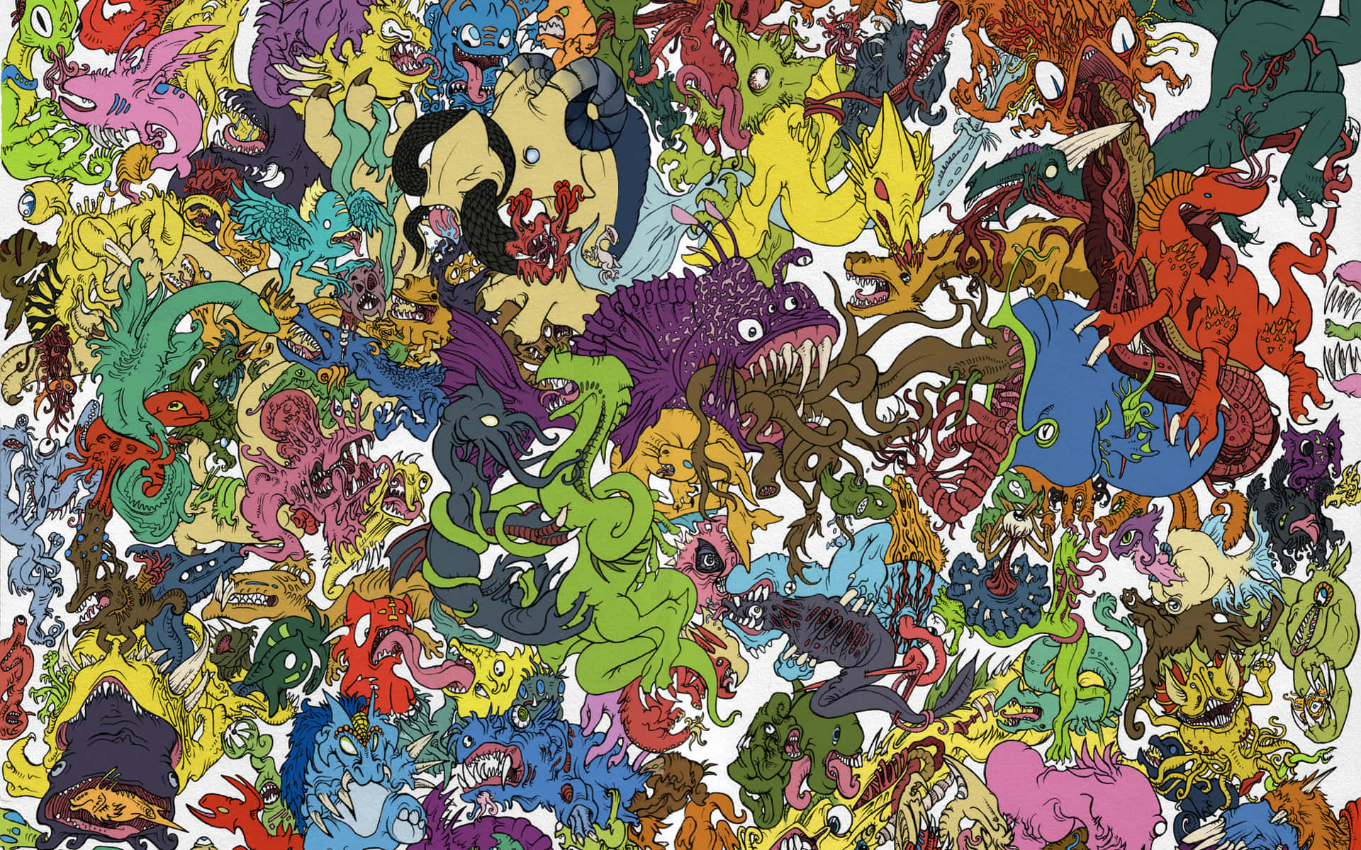 Cartoon Collage 桌布 壁紙 — 白色背景上密集排列的彩色卡通怪物和生物的混亂爆發。