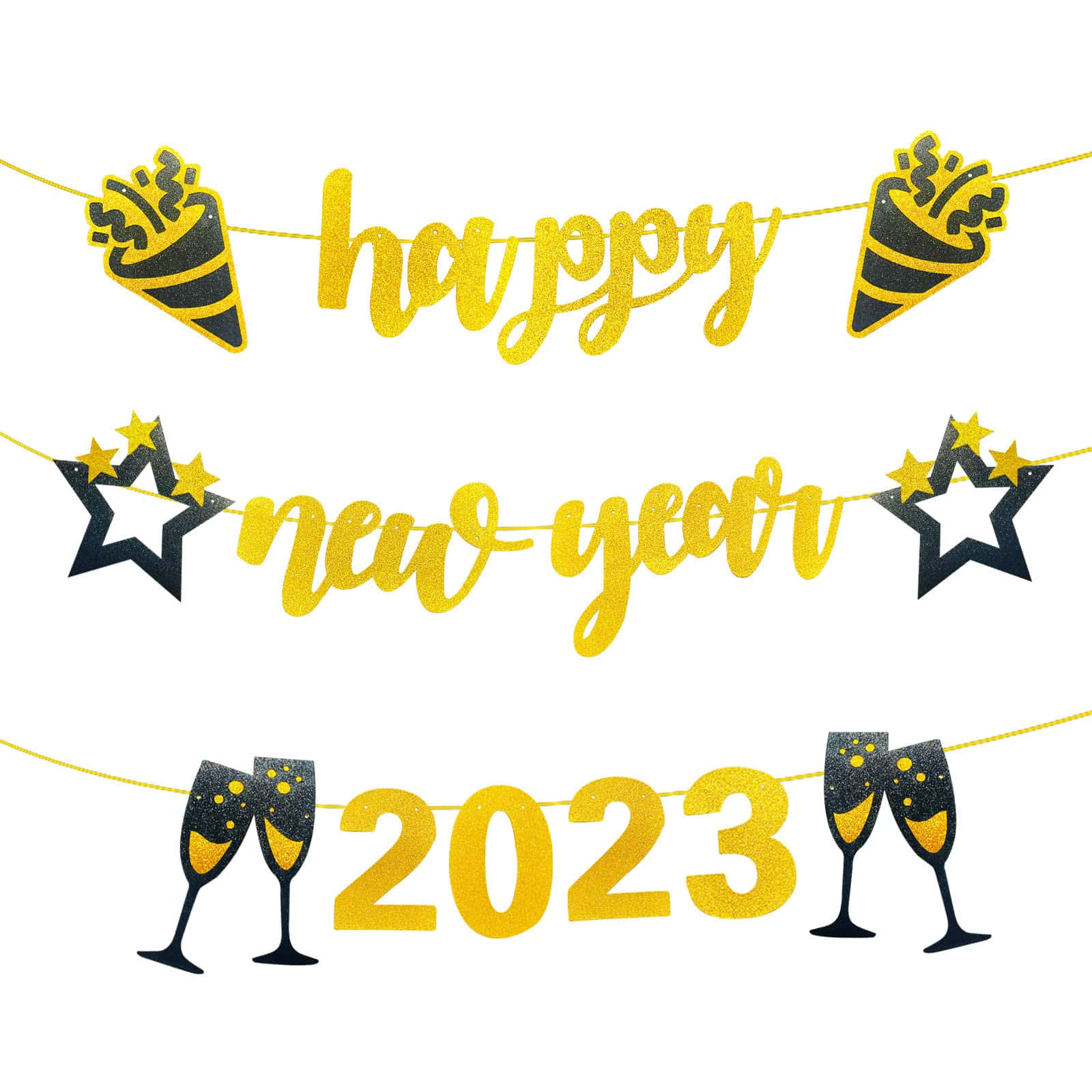 新年 桌布 壁紙 — 白色背景上帶有「happy new year 2023」和派對裝飾的閃亮金色和黑色新年橫幅。