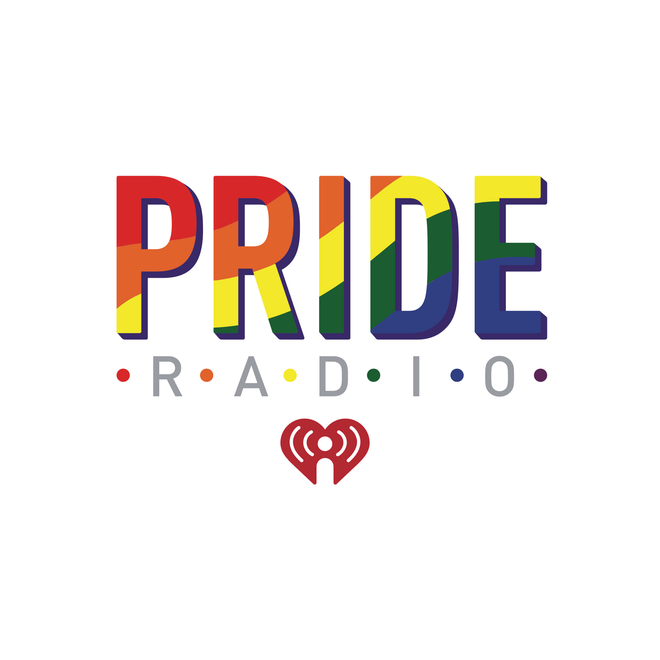 驕傲 桌布 壁紙 — 白色背景上帶有iHeartRadio心形圖標的鮮豔彩虹色Pride Radio標誌。