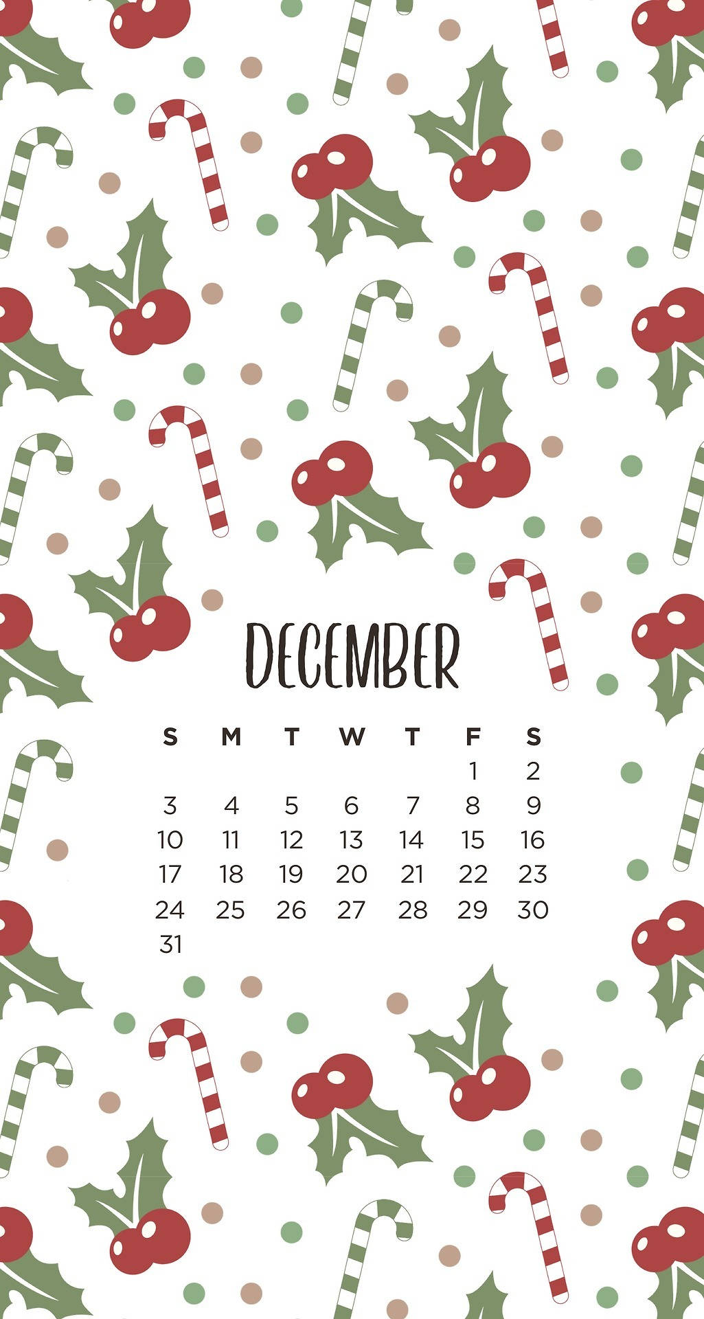 Preppy Christmas 桌布 壁紙 — 白色背景上帶有冬青漿果、拐杖糖和圓點圖案的十二月日曆桌布。
