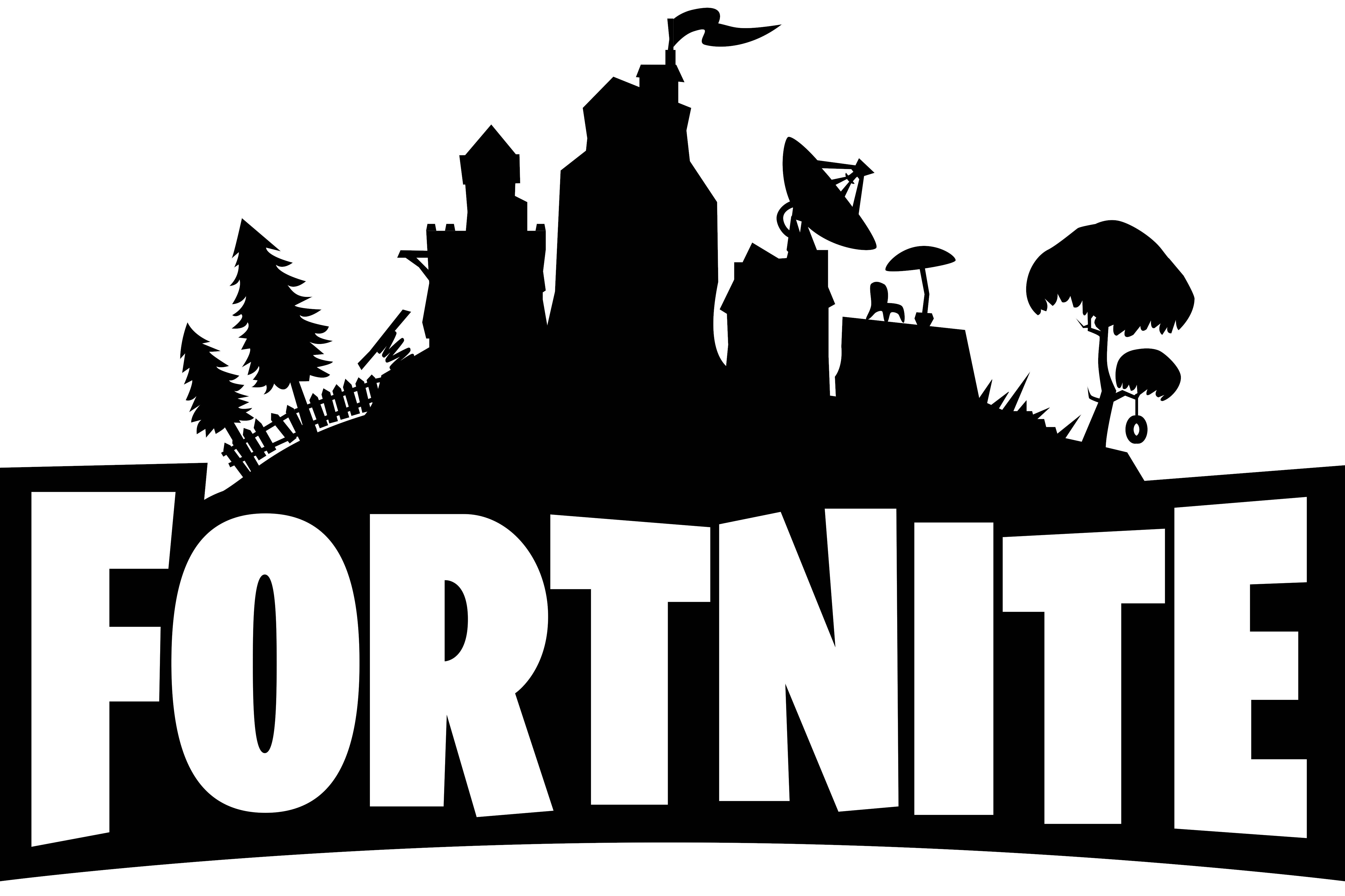 game 桌布 壁紙 — 白色背景上帶有城堡、樹木和衛星天線的Fortnite標誌黑色剪影。
