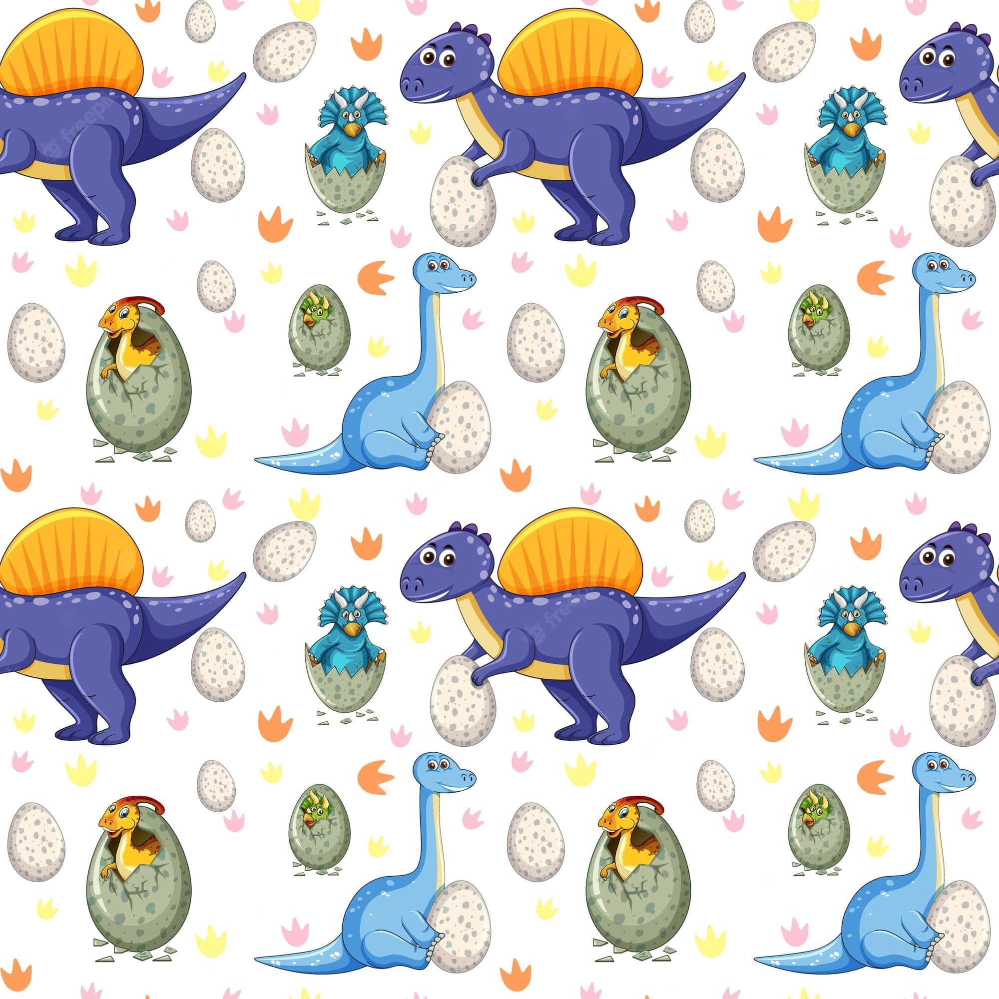 Cute Dinosaur 桌布 壁紙 — 白色背景上帶有彩色葉子點綴的卡通恐龍從蛋中孵化的重複圖案。