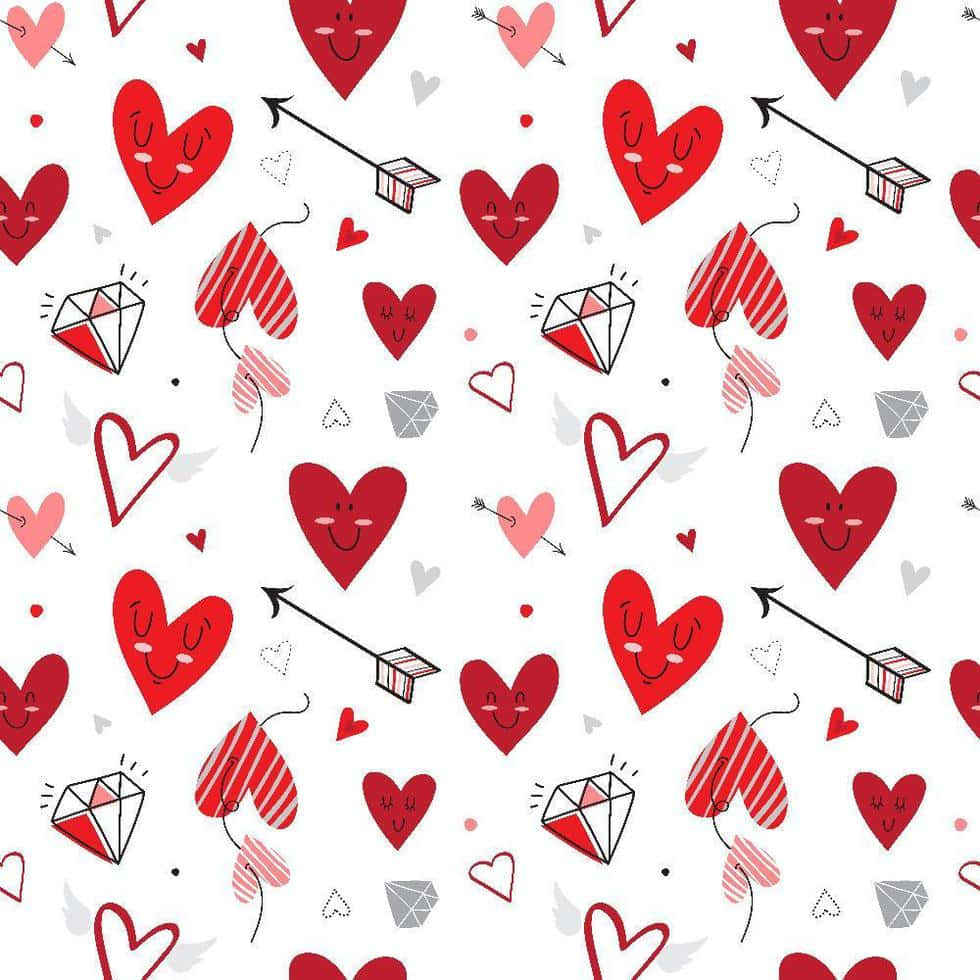 Heart Pattern 桌布 壁紙 — 白色背景上帶有微笑的紅色心形、箭頭、鑽石和翅膀的俏皮圖案。