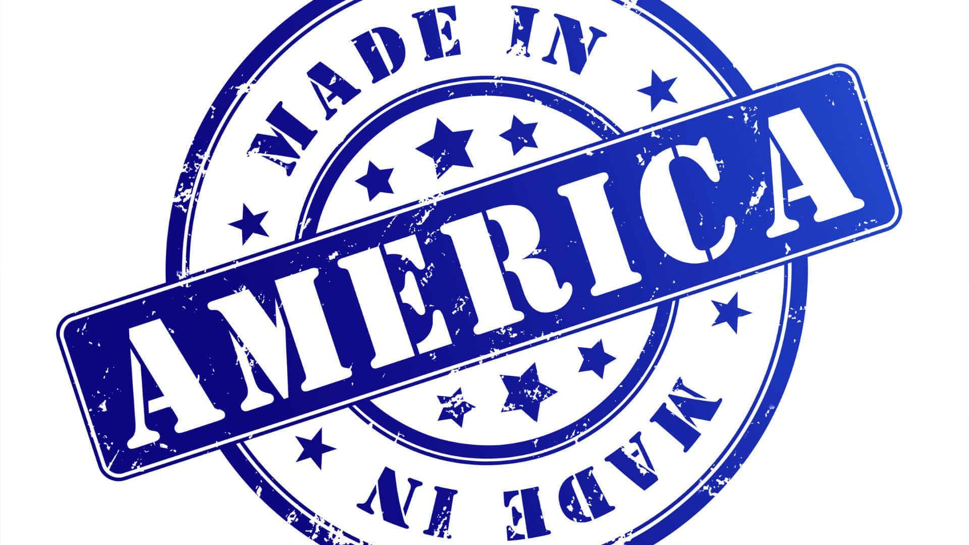 美國 桌布 壁紙 — 白色背景上帶有星星和磨損紋理的醒目藍色「Made in America」印章。