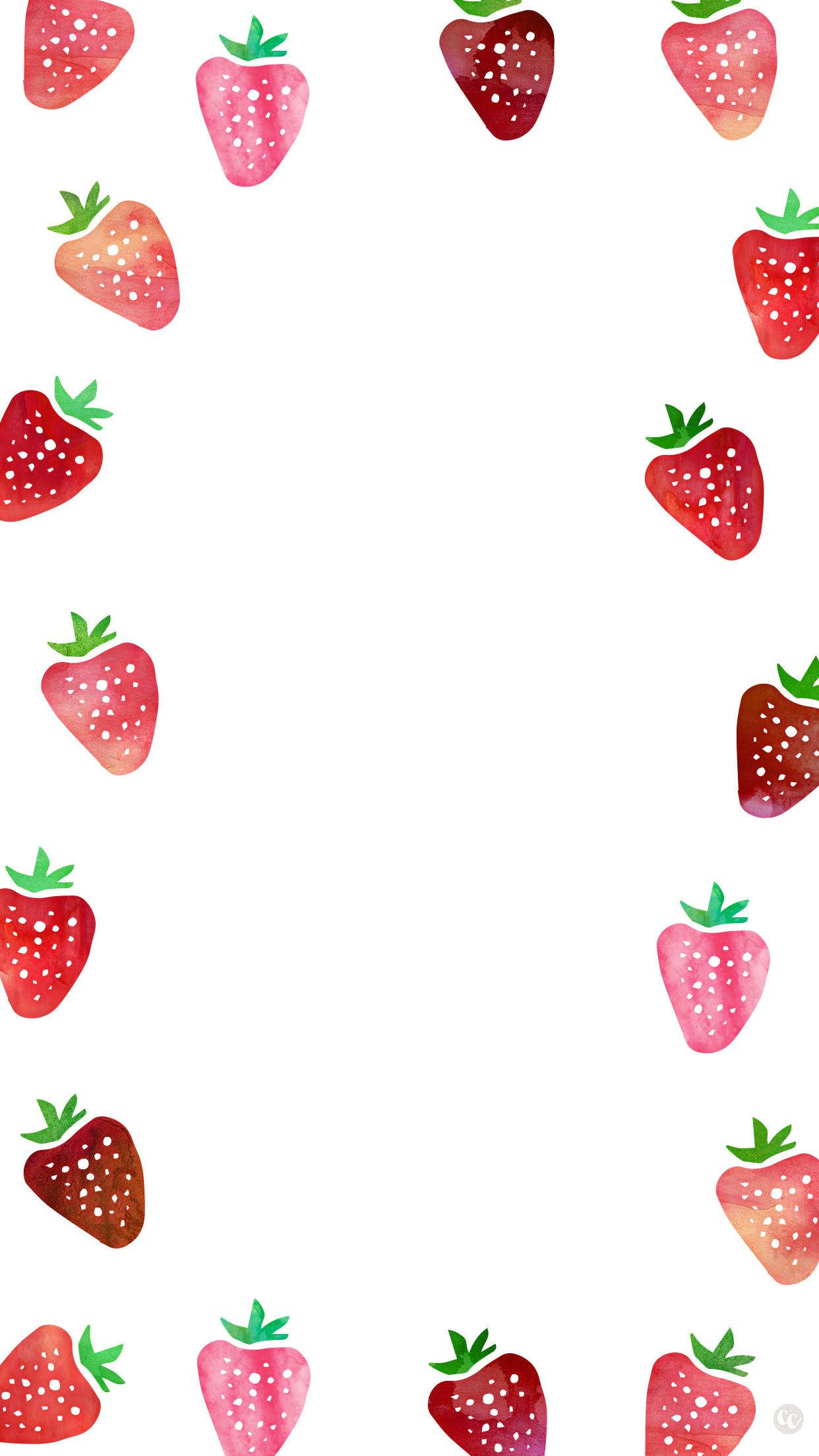 Strawberry Aesthetic 桌布 壁紙 — 白色背景上帶有柔和粉紅、紅色和綠色色調的邊框內的水彩草莓。