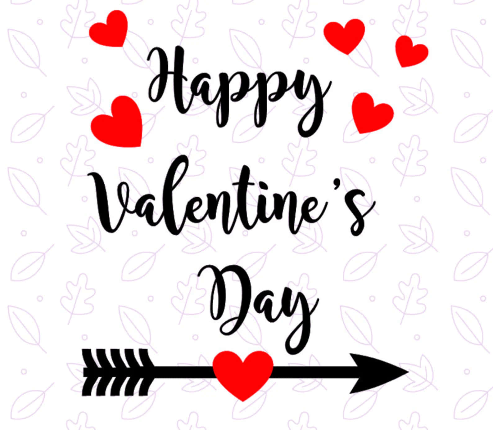 Happy Valentines 桌布 壁紙 — 白色背景上帶有模糊葉紋，黑色草書寫成的情人節快樂文字，周圍環繞著紅色心形和帶有心形的黑色箭頭。