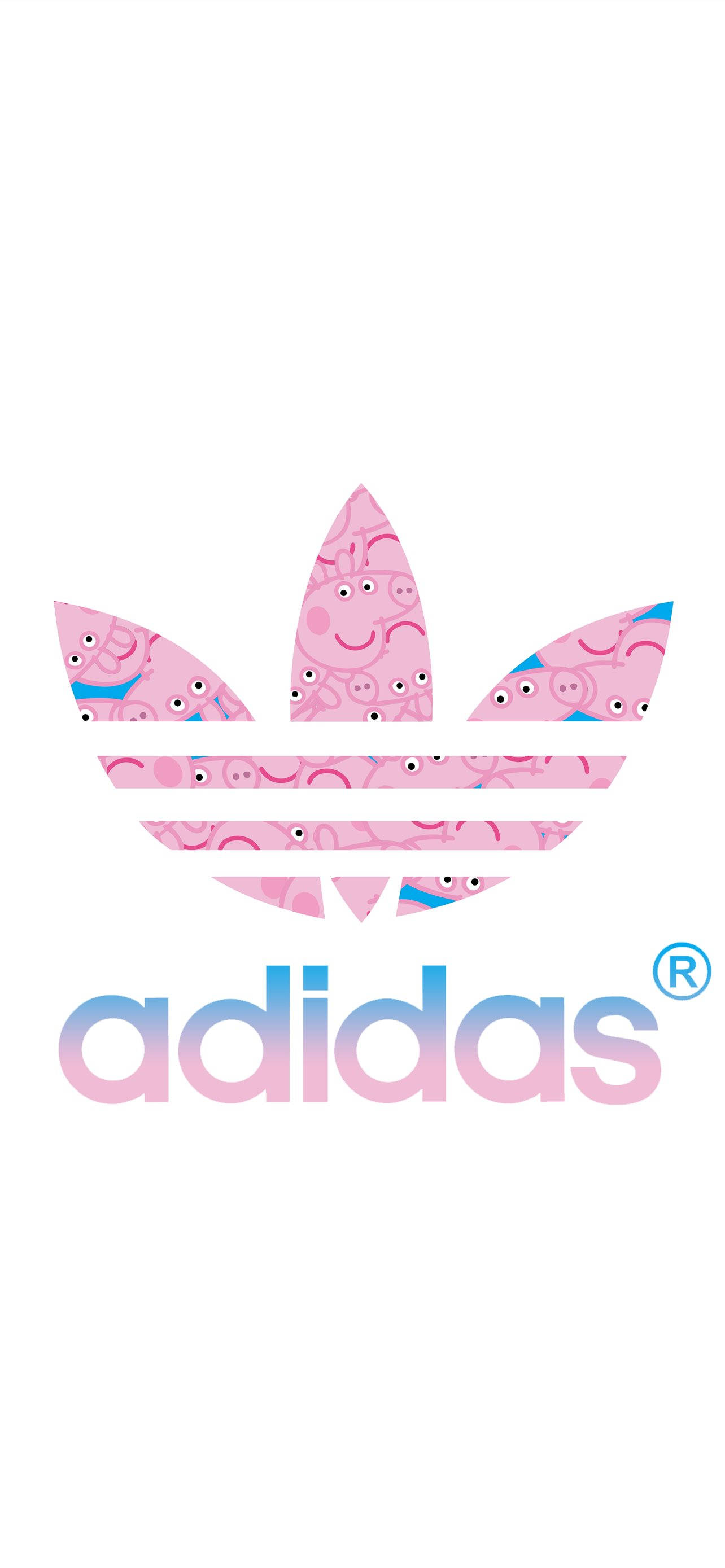 adidas iPhone 桌布 壁紙 — 白色背景上帶有漸變藍色文字的Adidas標誌，內部填滿Peppa Pig角色。