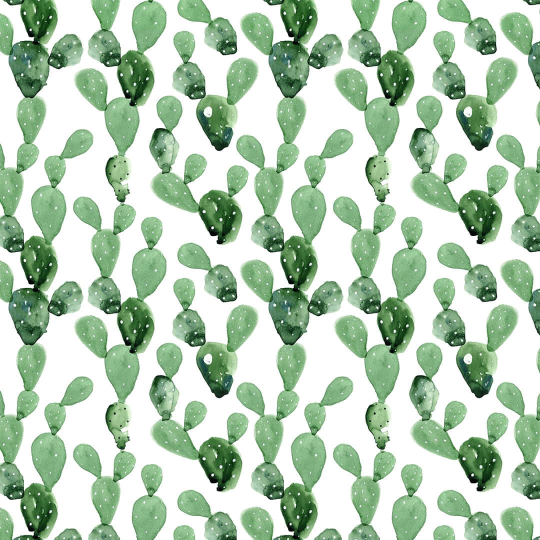 Kawaii Cactus 桌布 壁紙 — 白色背景上帶有白色點的綠色仙人掌掌片的水彩圖案。