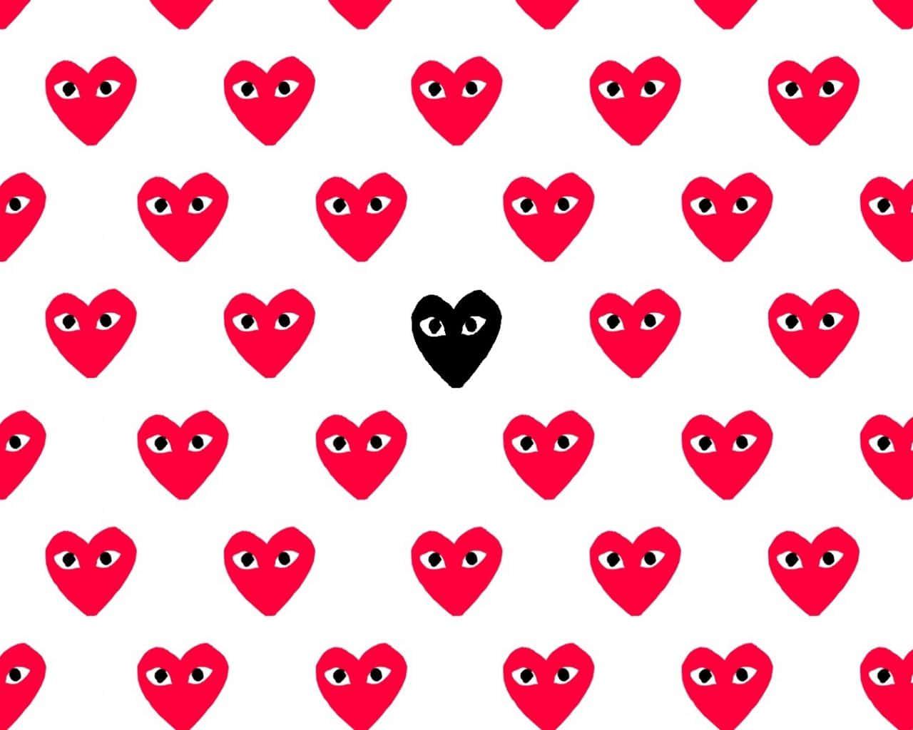 cdg 桌布 壁紙 — 白色背景上帶有眼睛的紅色心形重複圖案，中間有一個黑色心形突出。