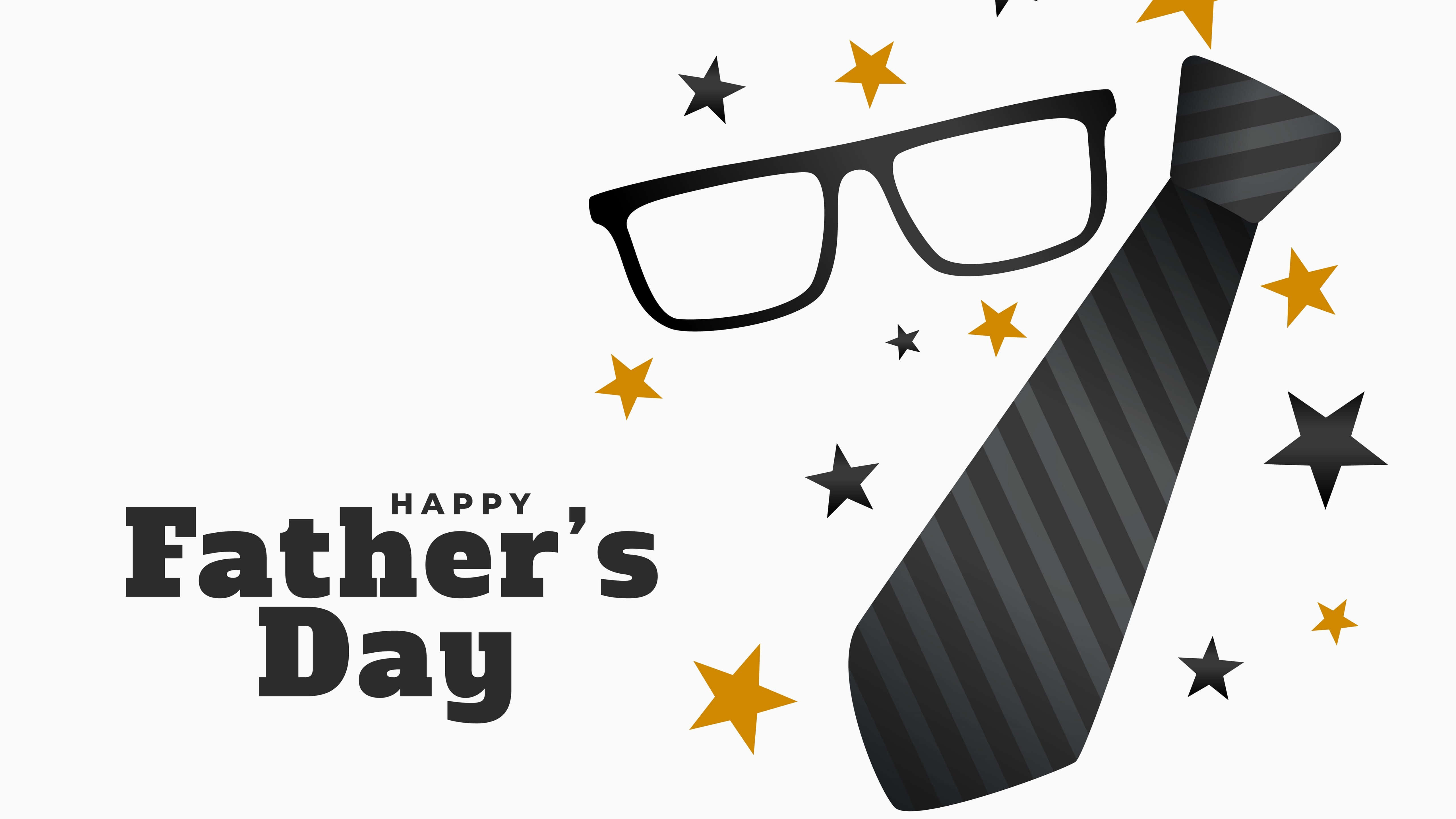 father's day 桌布 壁紙 — 白色背景上帶有眼鏡、領帶和星星的父親節快樂圖形。