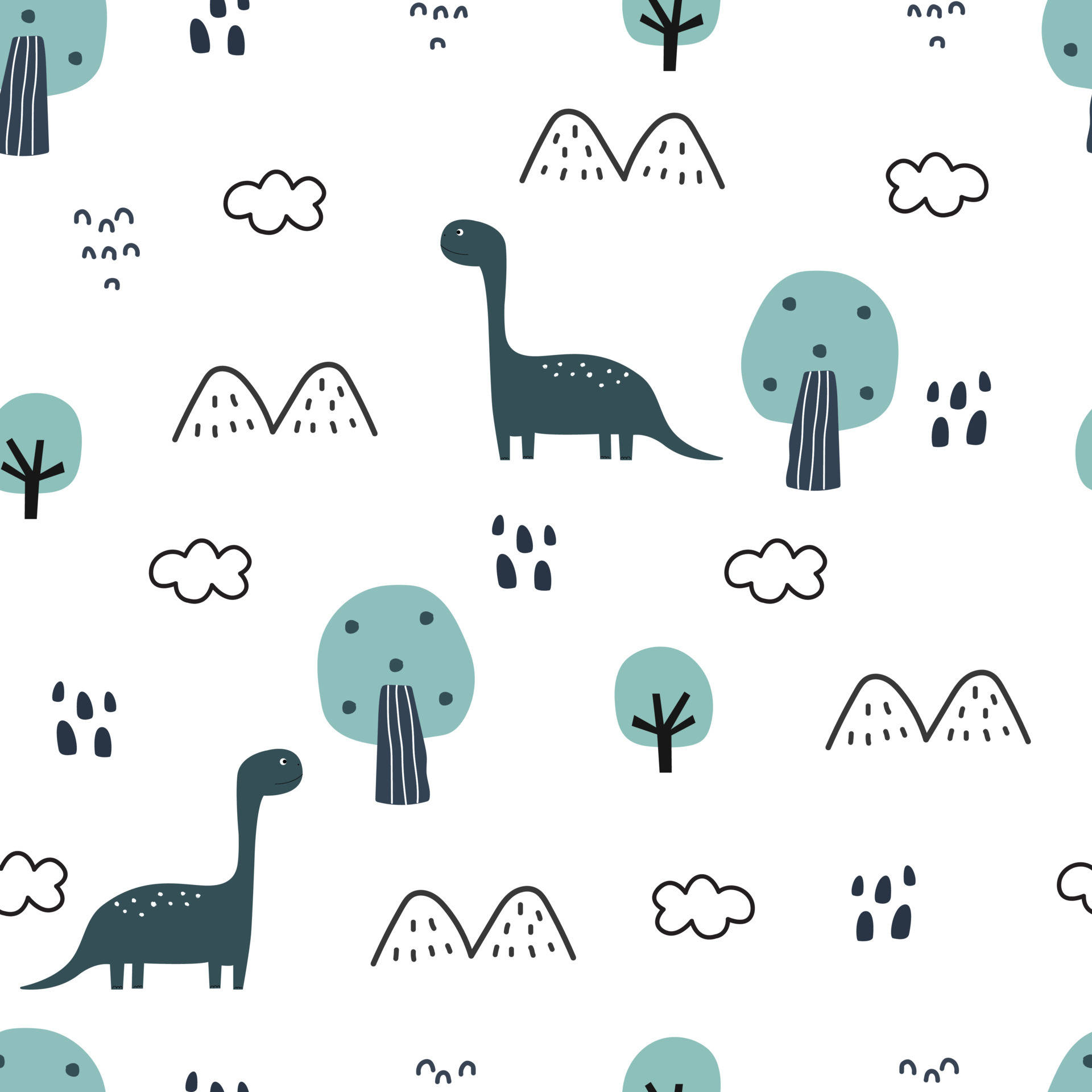 Cute Dinosaur Pattern 桌布 壁紙 — 白色背景上帶有簡單黑色輪廓的藍綠色恐龍、樹木和山脈的俏皮圖案。