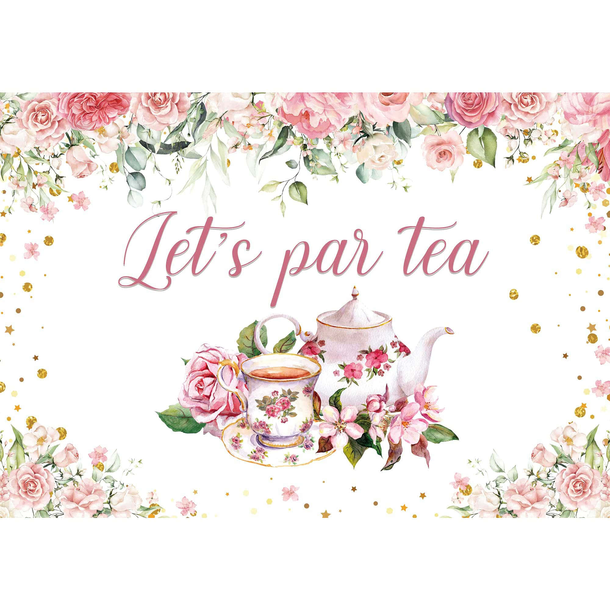 Tea Party 桌布 壁紙 — 白色背景上帶有粉紅玫瑰和金色星星的花卉茶具水彩插圖。
