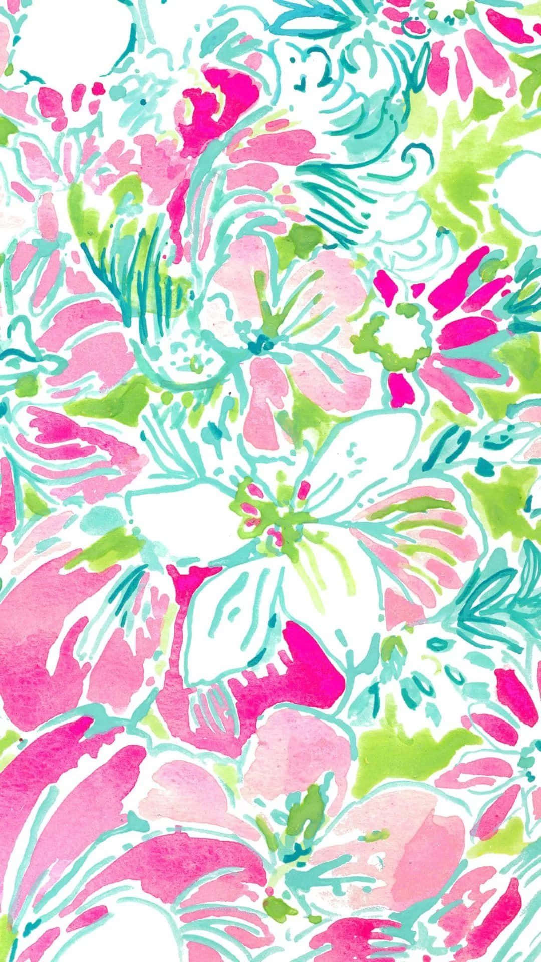 Lilly Pulitzer iPhone 桌布 壁紙 — 白色背景上帶有粉紅色、藍綠色和綠色花朵的鮮豔水彩花卉圖案。