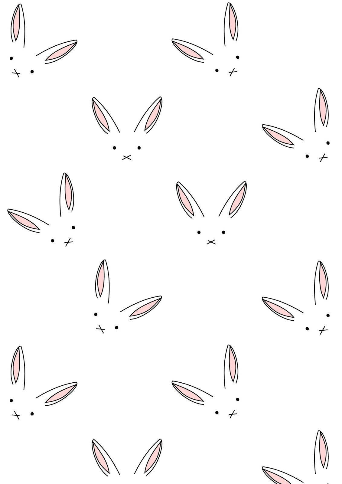 Cute Bunny 桌布 壁紙 — 白色背景上帶有粉紅色內耳的可愛兔臉極簡重複圖案。