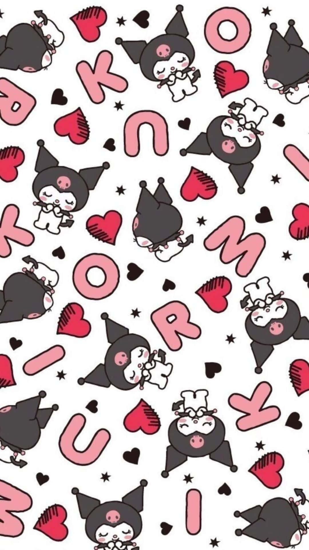 Kuromi Pattern 桌布 壁紙 — 白色背景上帶有粉紅色心形和字母的可愛黑白Kuromi角色的重複圖案。