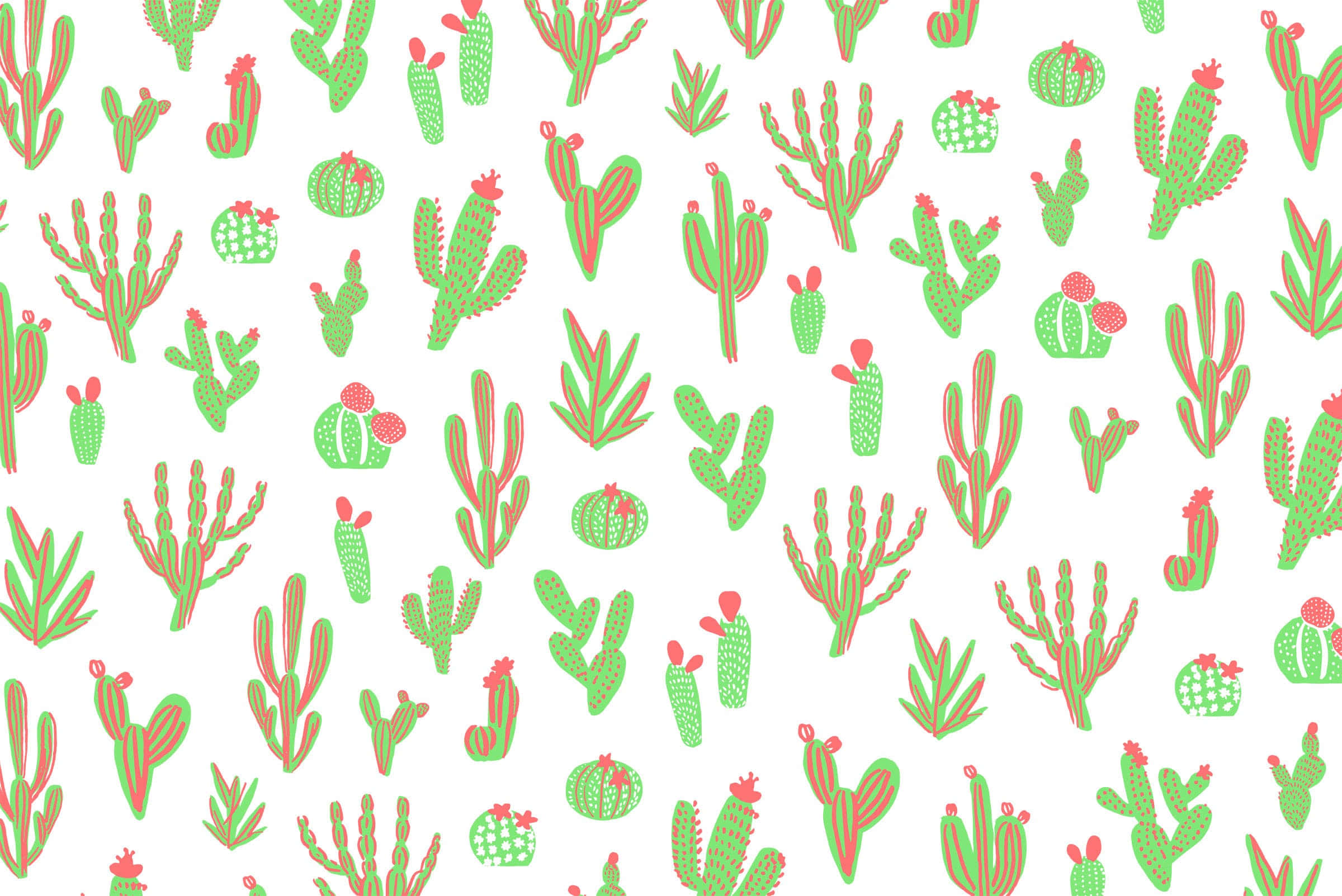 Kawaii Cactus 桌布 壁紙 — 白色背景上帶有粉紅色花朵的風格化綠色仙人掌重複圖案。