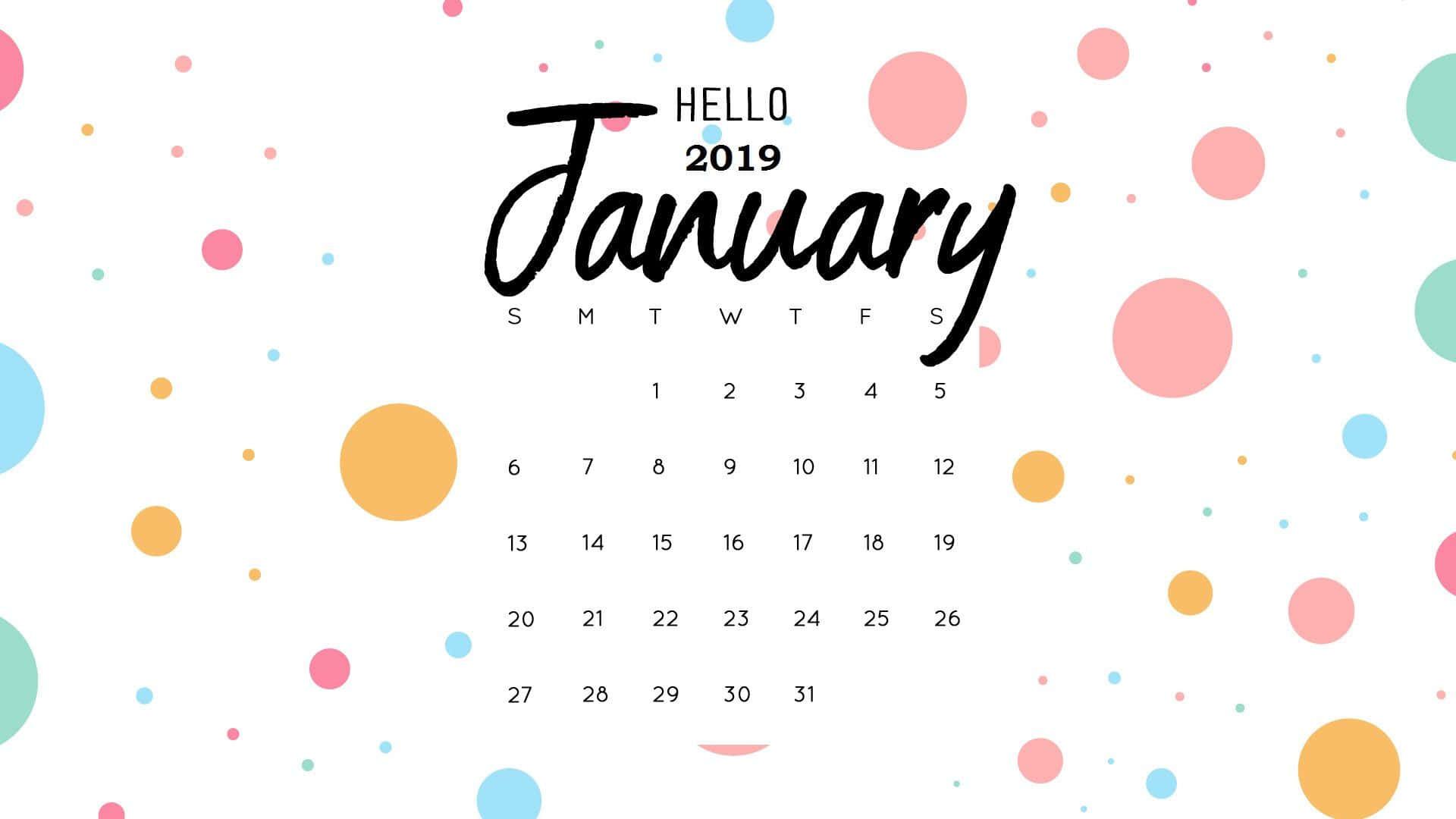Hello January 桌布 壁紙 — 白色背景上帶有粗體字和柔和圓點圖案的2019年1月日曆。
