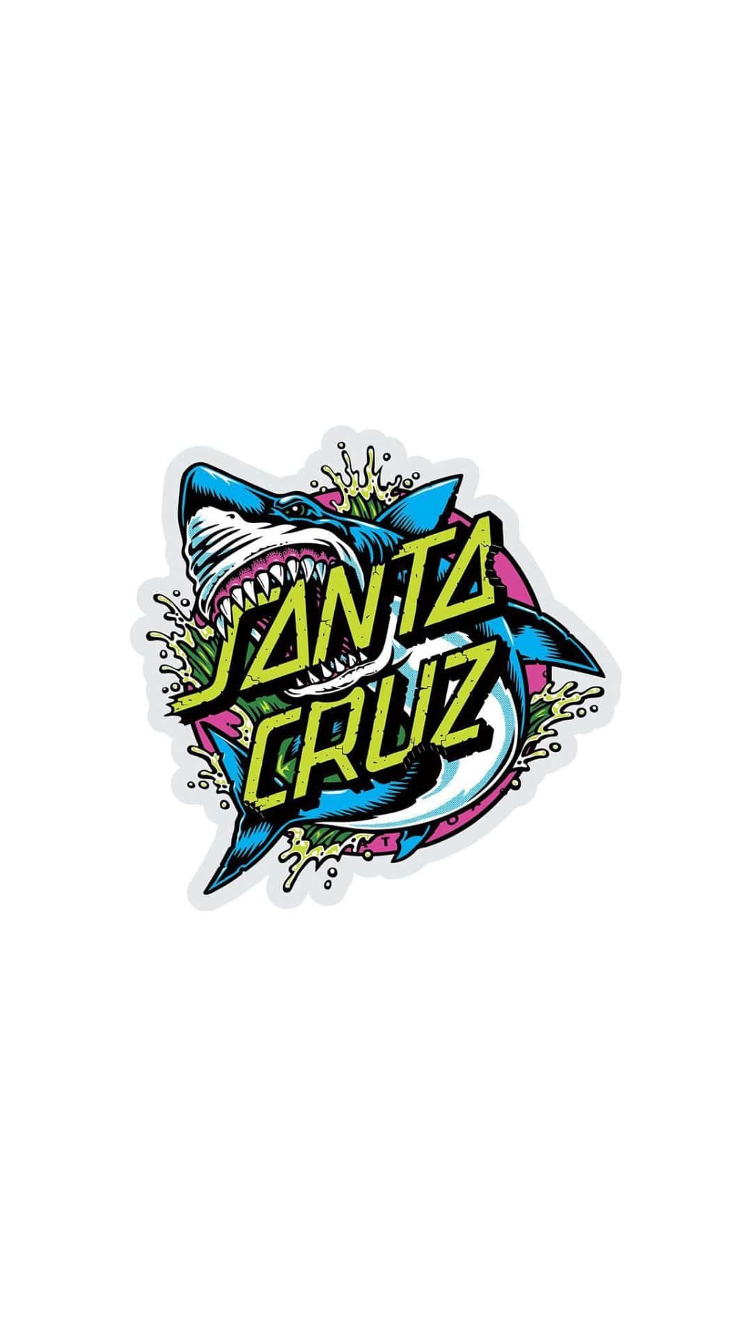 Santa Cruz 桌布 壁紙 — 白色背景上帶有粗體黃色文字和潑濺效果的鮮明卡通鯊魚標誌。