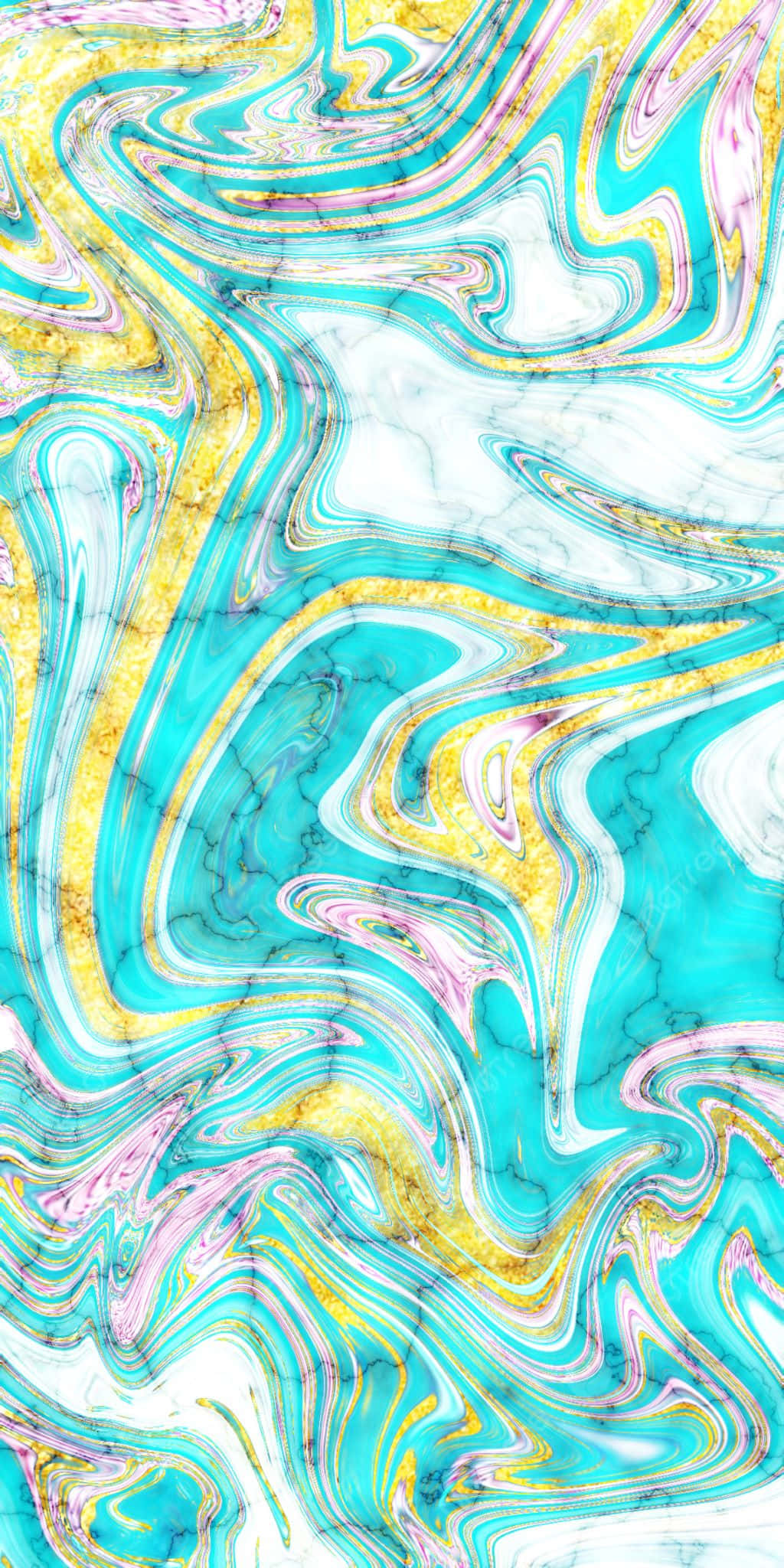 Teal Marble 桌布 壁紙 — 白色背景上帶有綠松石、金色和粉紅色大理石紋理的鮮豔旋轉抽象圖案。