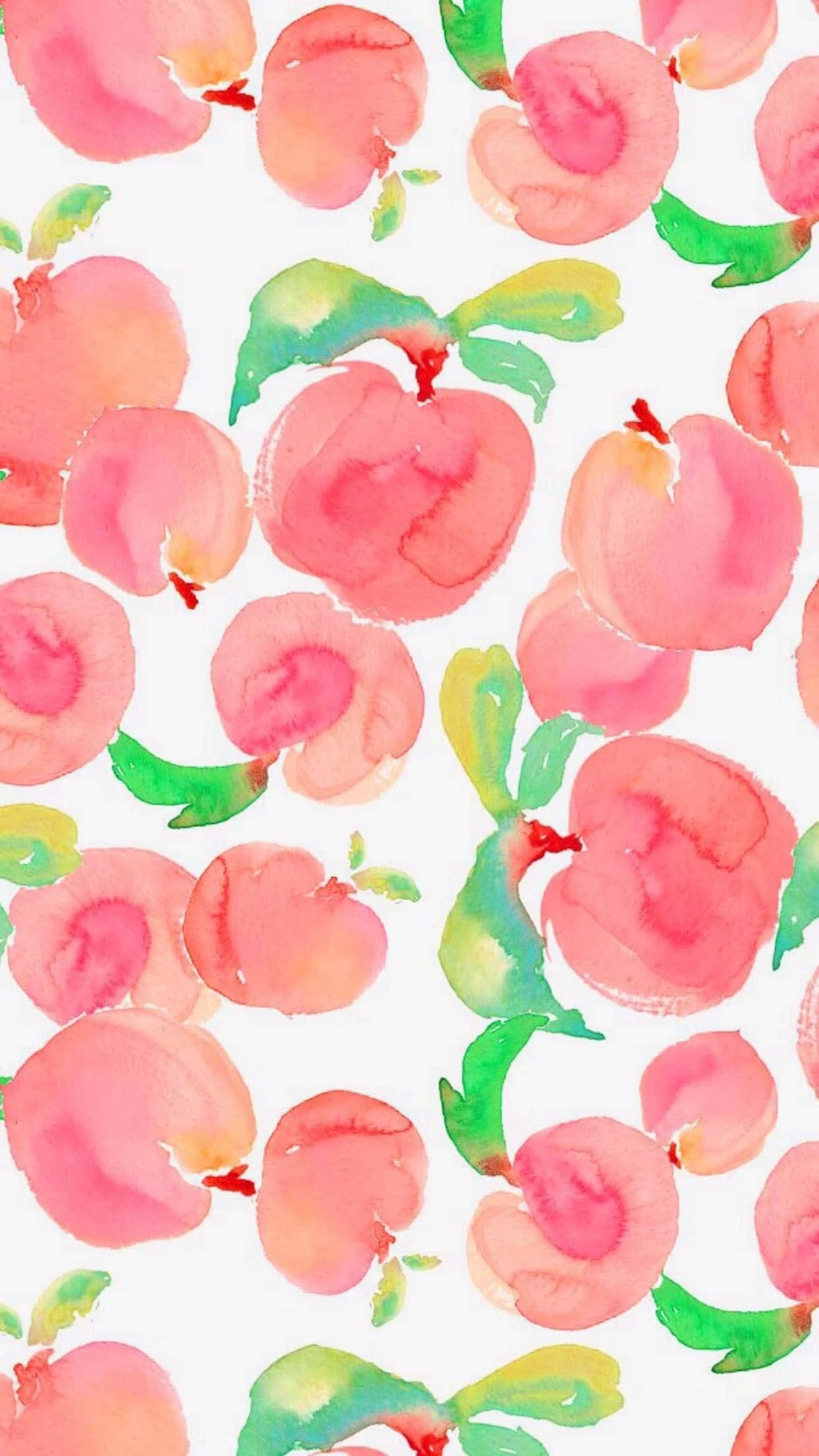 Summer iPhone 桌布 壁紙 — 白色背景上帶有綠色葉子的粉紅色桃子的水彩圖案。