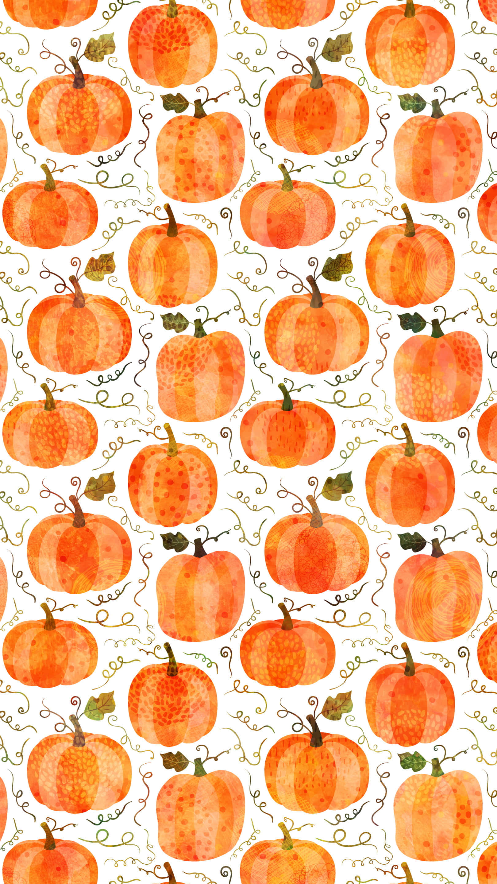 Cute Pumpkin iPhone 桌布 壁紙 — 白色背景上帶有綠色藤蔓的暖橙色調水彩南瓜，營造出節日秋季圖案。