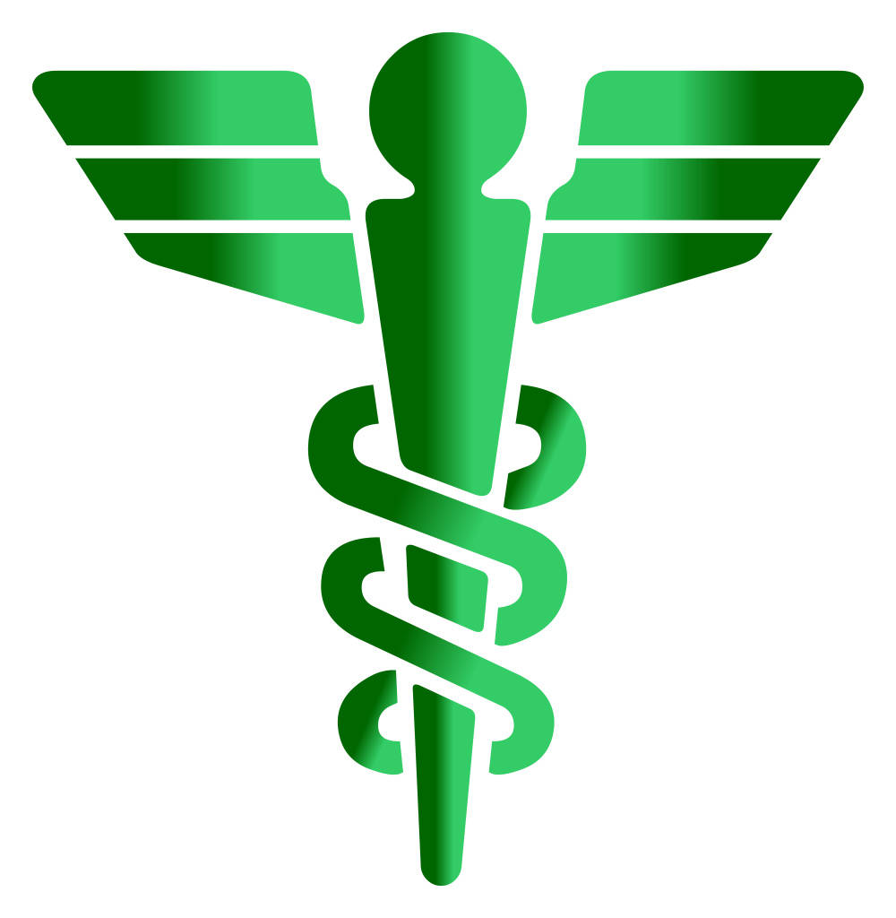 medical motivation 桌布 壁紙 — 白色背景上帶有翅膀和相互纏繞的蛇的光澤綠色醫療杖徽標。