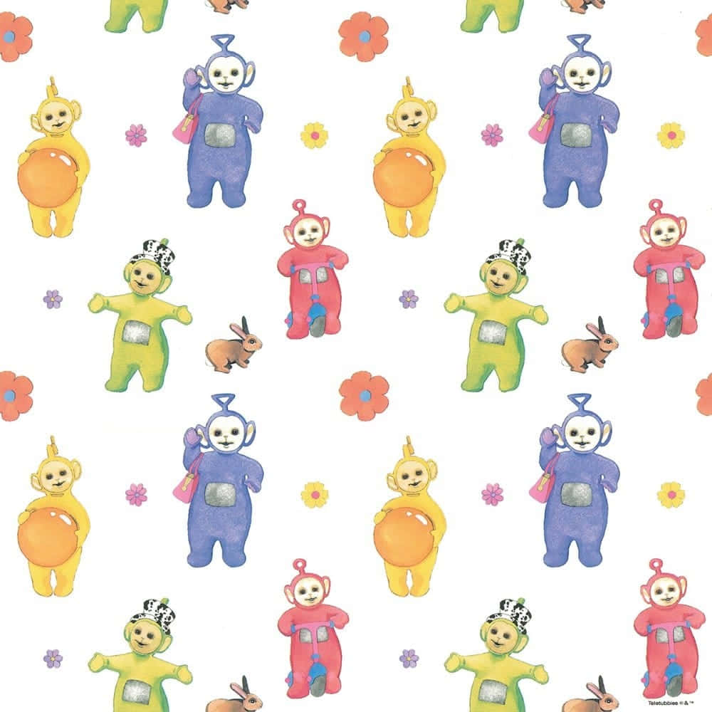 Teletubbies 桌布 壁紙 — 白色背景上帶有花朵和兔子的彩色天線寶寶角色重複圖案。