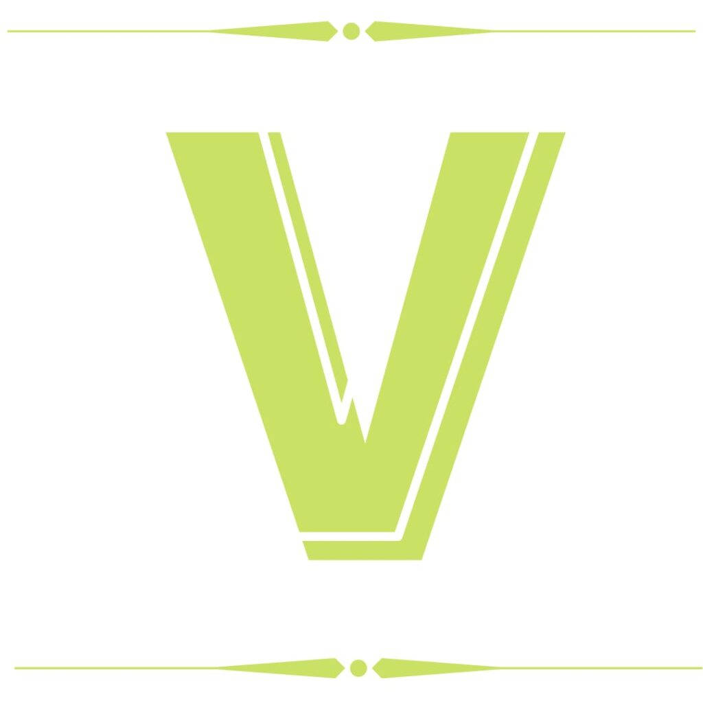 v 桌布 壁紙 — 白色背景上帶有裝飾線條和圓點的簡約萊姆綠色字母V。