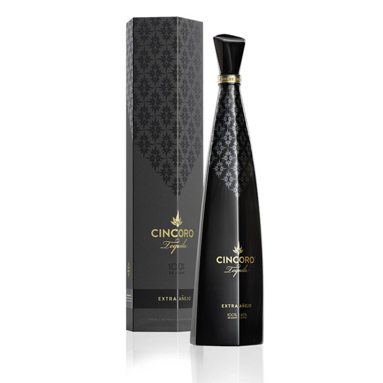 bottle 桌布 壁紙 — 白色背景上帶有金色點綴和星爆圖案的優雅黑色Cincoro Extra Añejo龍舌蘭酒瓶和盒子。