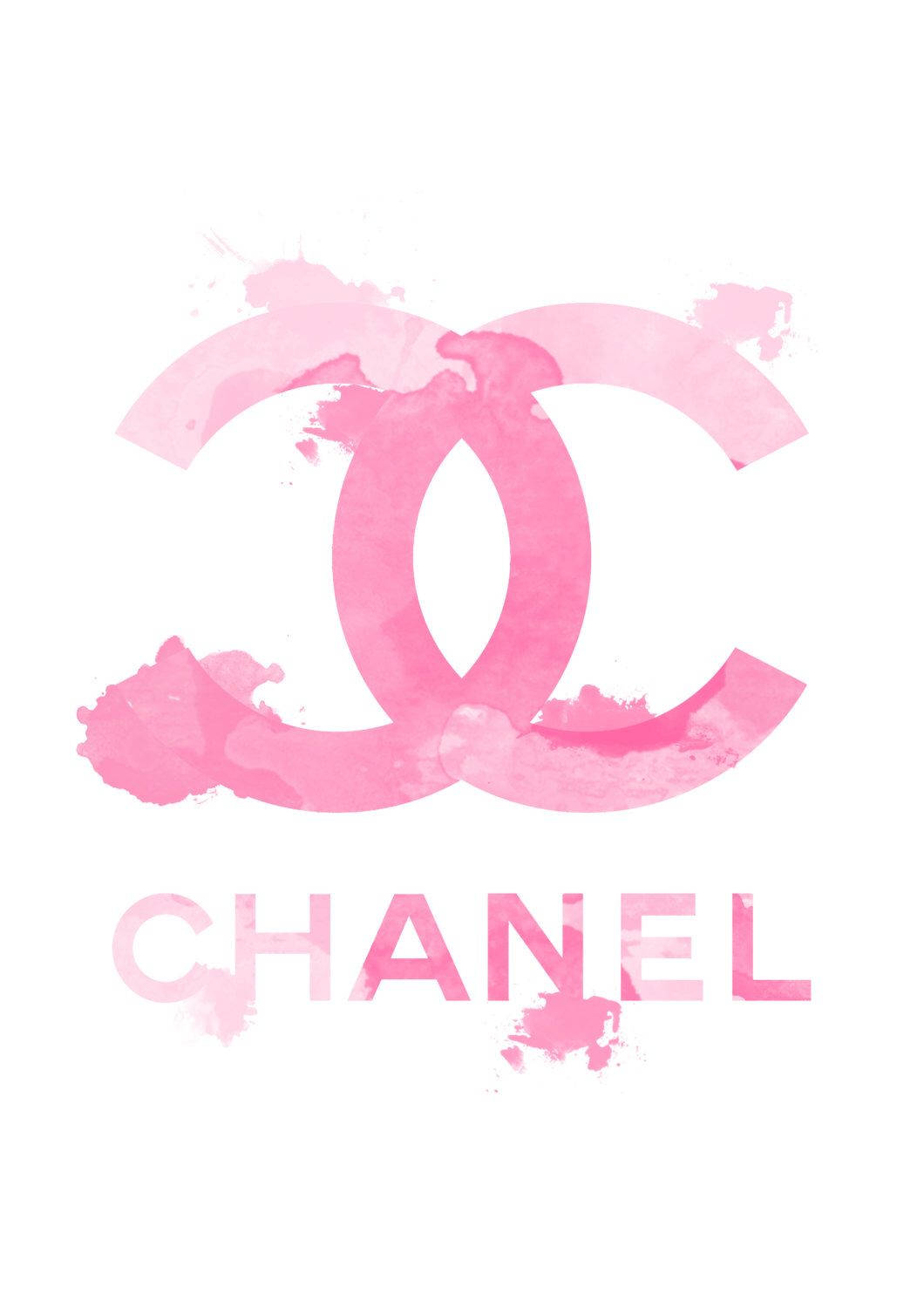 Chanel 桌布 壁紙 — 白色背景上帶有飛濺紋理的水彩風格粉紅色 Chanel 標誌。