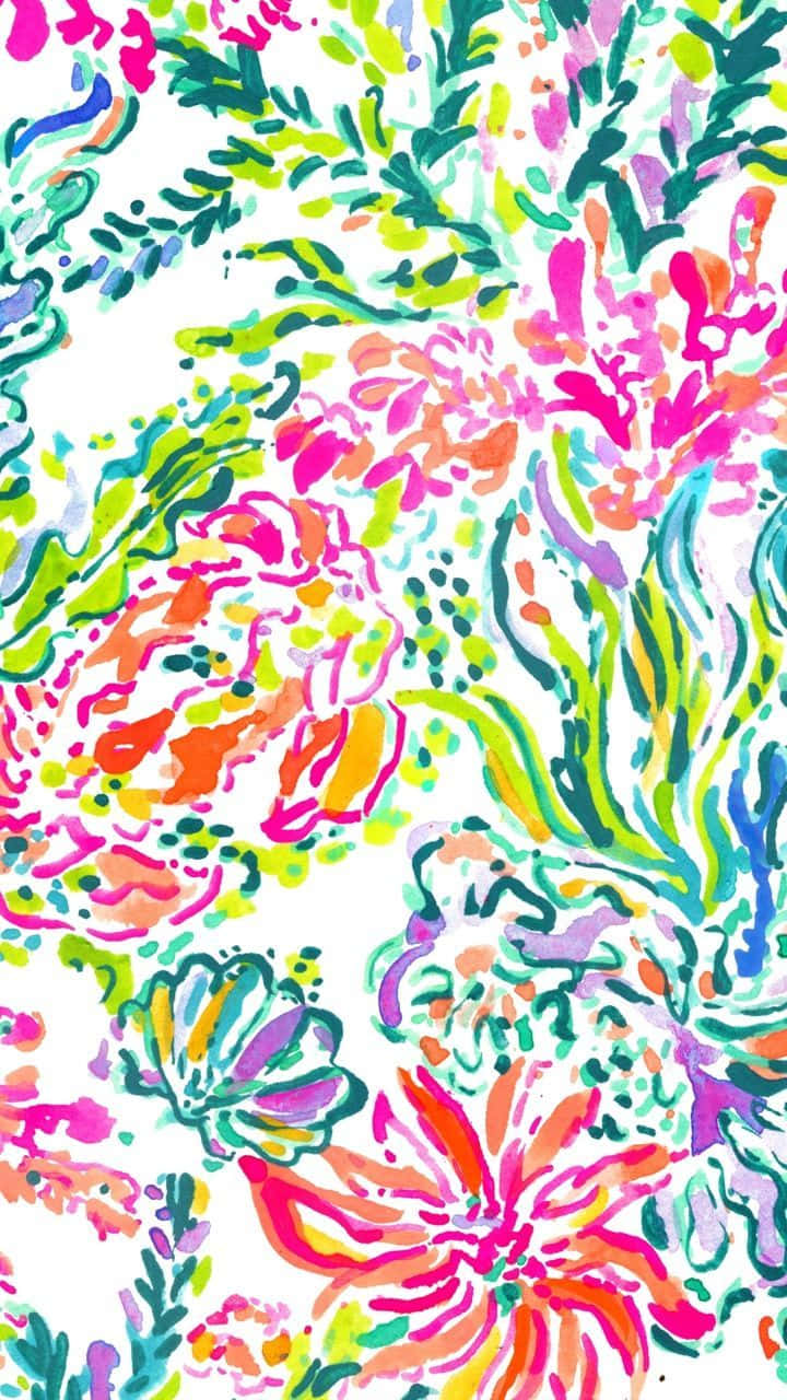 Lilly Pulitzer iPhone 桌布 壁紙 — 白色背景上帶有鮮豔粉紅、橙色、綠色和藍綠色大膽筆觸的抽象花卉圖案。