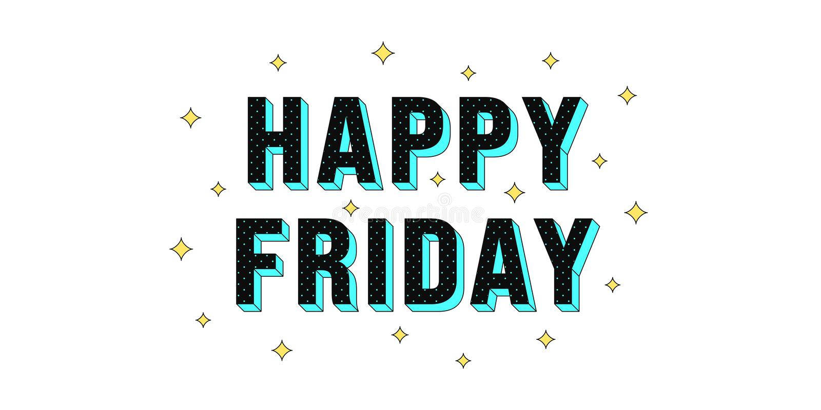 Friday 桌布 壁紙 — 白色背景上帶有黃色星星的粗體黑色和藍綠色「HAPPY FRIDAY」文字。