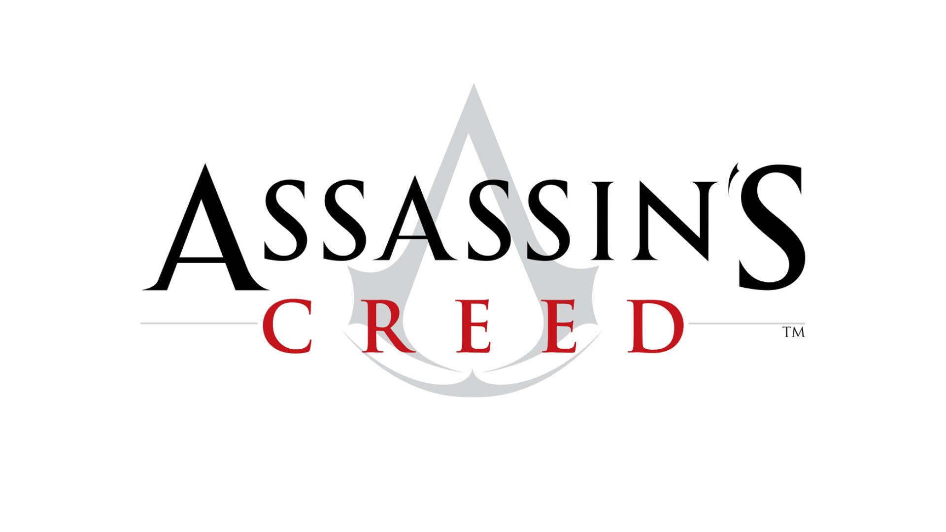 creed 桌布 壁紙 — 白色背景上帶有黑色和紅色文字的刺客教條標誌。