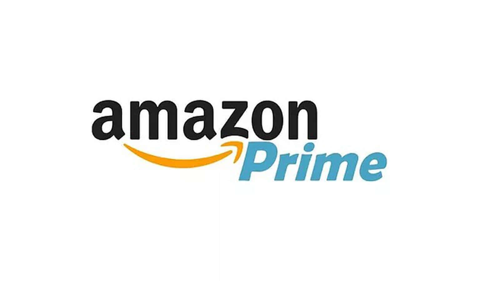亞馬遜 桌布 壁紙 — 白色背景上帶有黑色文字、橙色箭頭和藍色Prime字樣的Amazon Prime標誌。