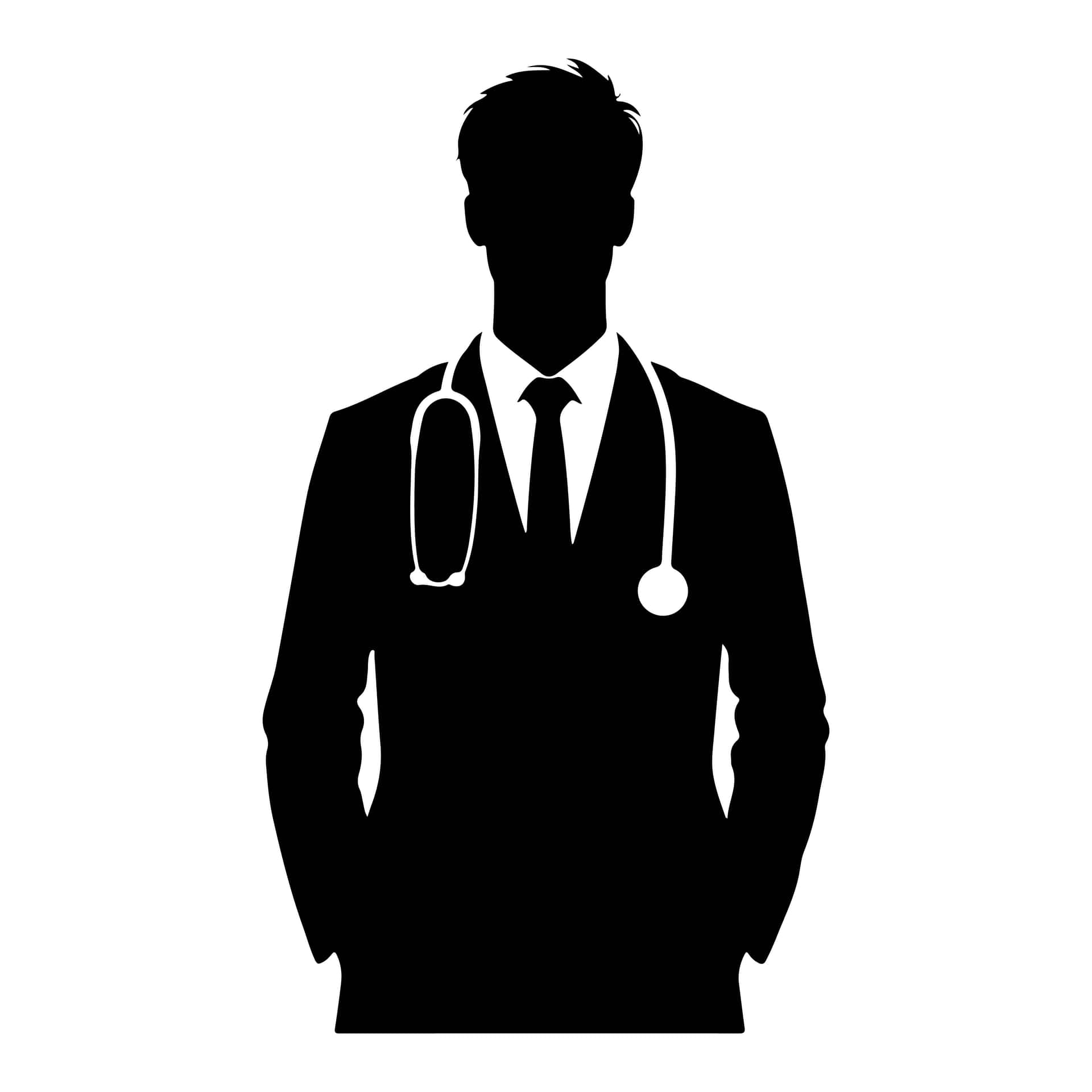 Doctor silhouette with a stethoscope, representing medical profession, healthcare expertise, and pat 壁紙 — 白色背景上戴著聽診器的醫生鮮明黑色剪影。