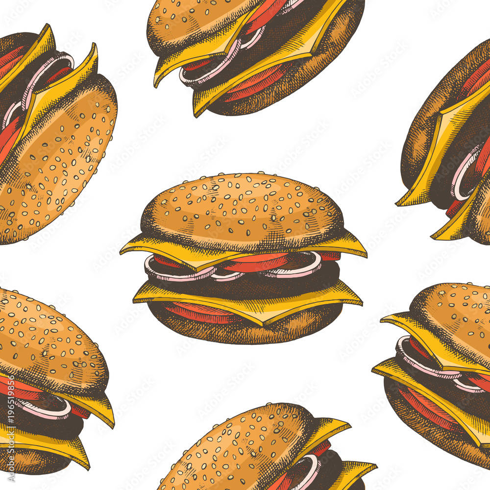 Cheeseburger 桌布 壁紙 — 白色背景上手繪復古風格起司漢堡（芝麻麵包、洋蔥、酸黃瓜）的無縫圖案。
