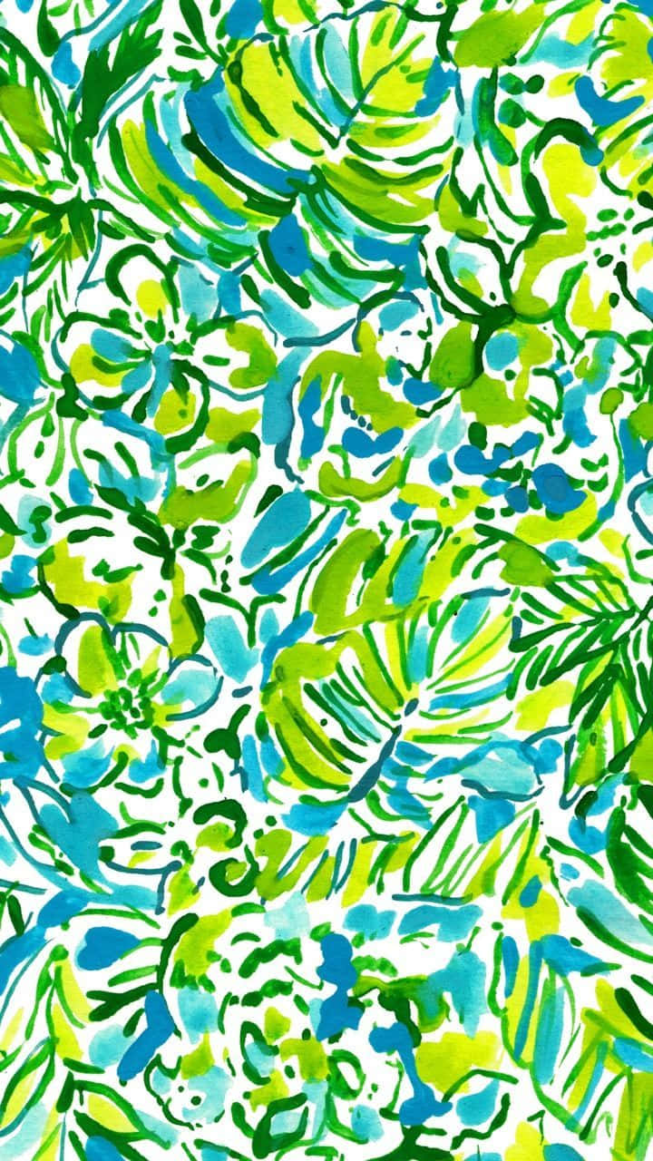 Lilly Pulitzer iPhone 桌布 壁紙 — 白色背景上抽象綠色和藍色熱帶葉子和花朵的充滿活力的水彩圖案。