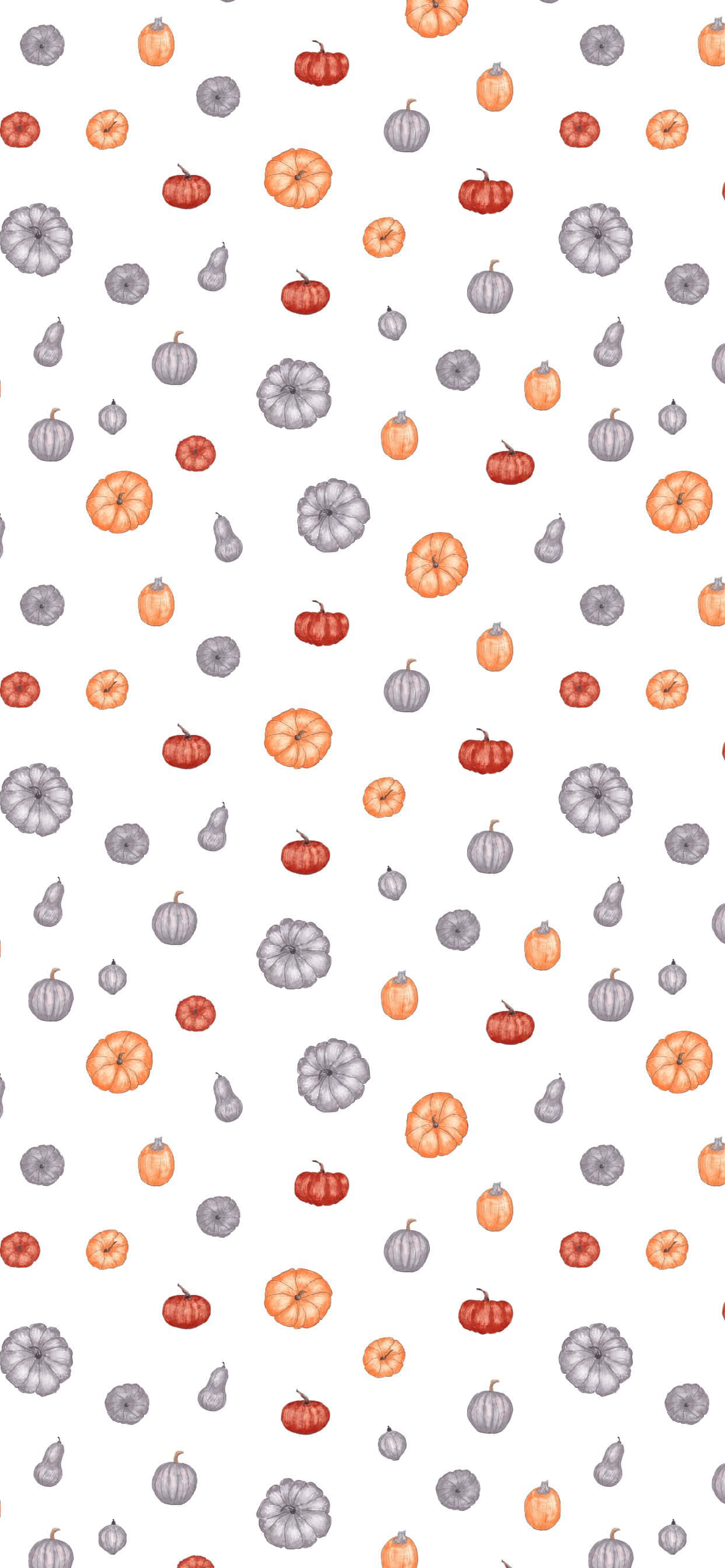 Cute Pattern iPhone 桌布 壁紙 — 白色背景上散落的南瓜和葫蘆的水彩圖案，呈現秋橙色和柔和灰色。