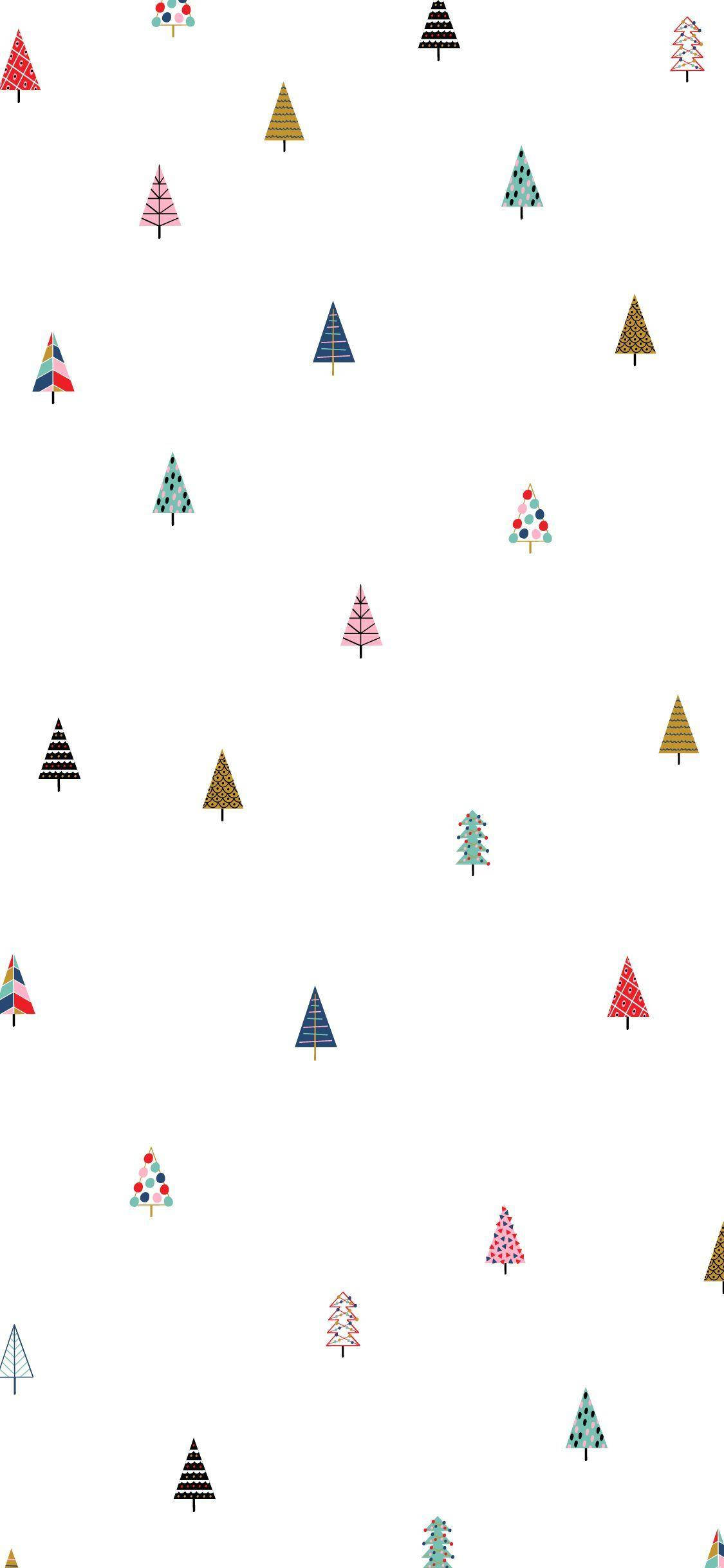 Cute Winter iPhone 桌布 壁紙 — 白色背景上散落著各種圖案和色調的彩色風格化聖誕樹。